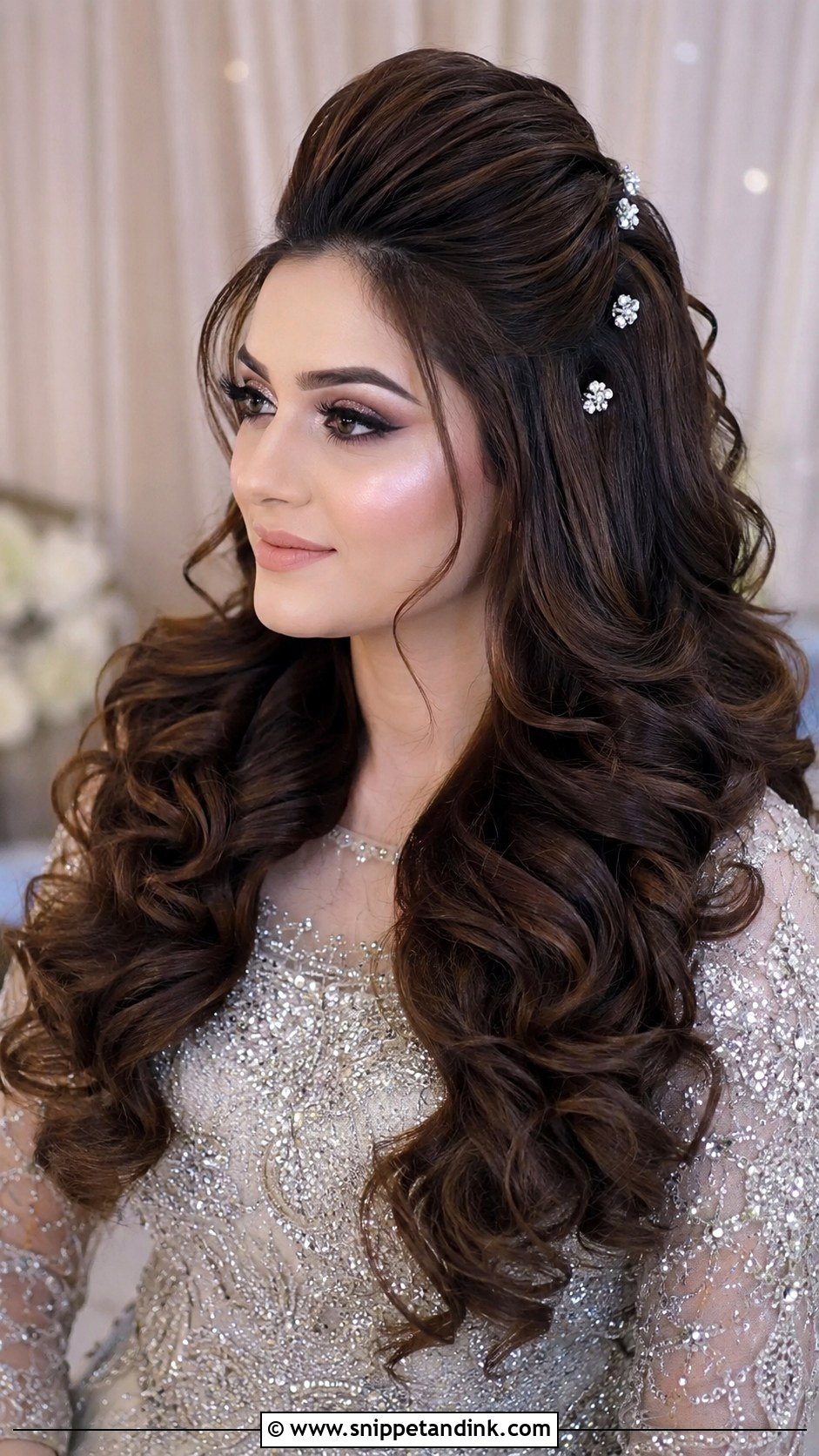 Glam Front Puff With Curls Reception - Snippet and Ink - 30 Indian Wedding Front Hairstyles