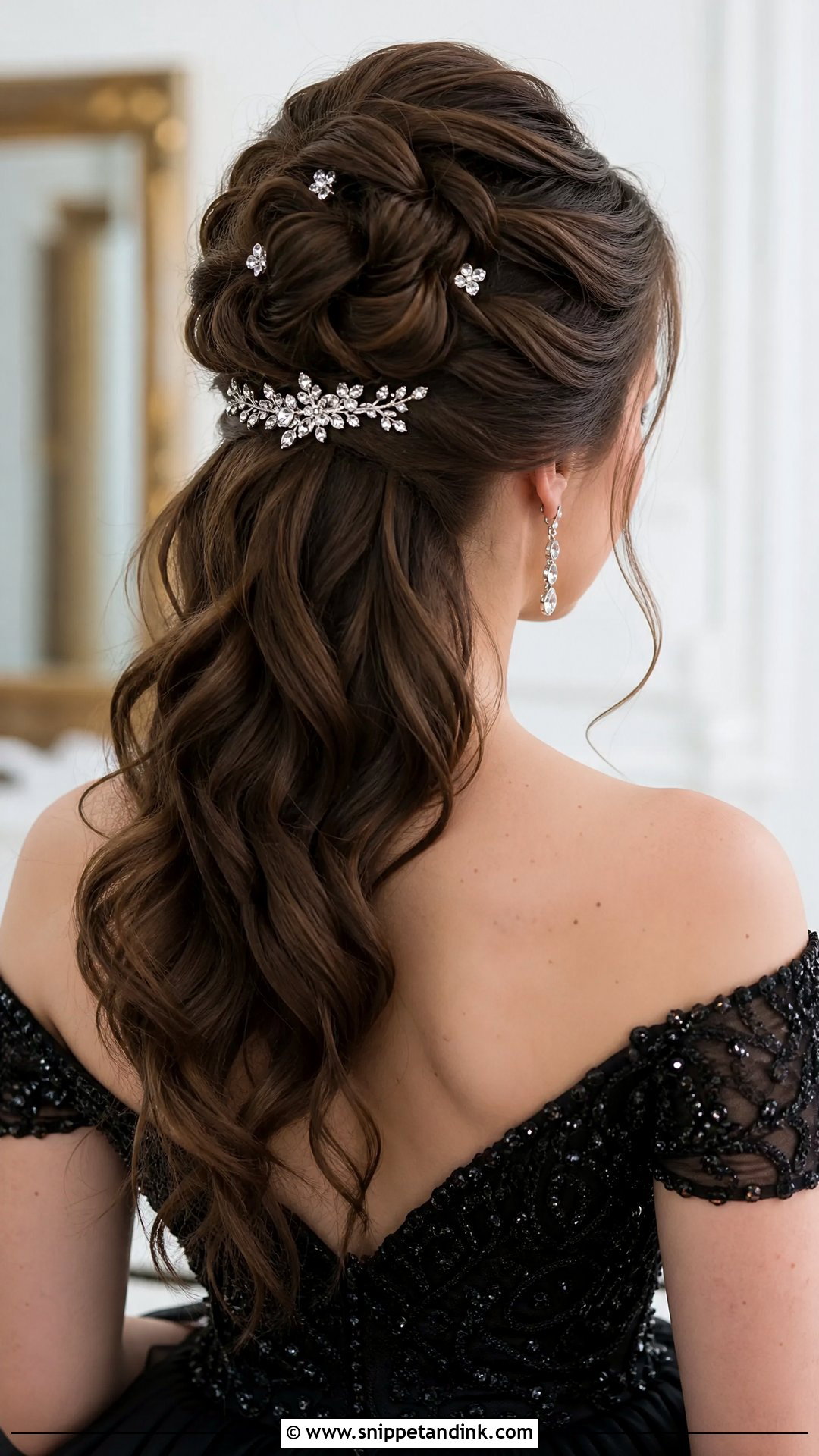 Glam Half Up Bun With Accessories - Snippet and Ink - 20 Half-Up Bun Wedding Hair Ideas