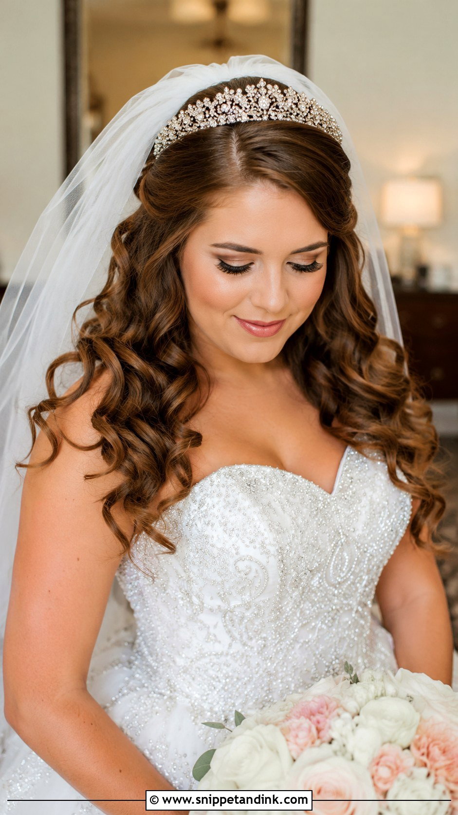 Glamorous Curls With Veil and Tiara - Snippet and Ink - 20 Bridal Hair Down with Headpiece Ideas
