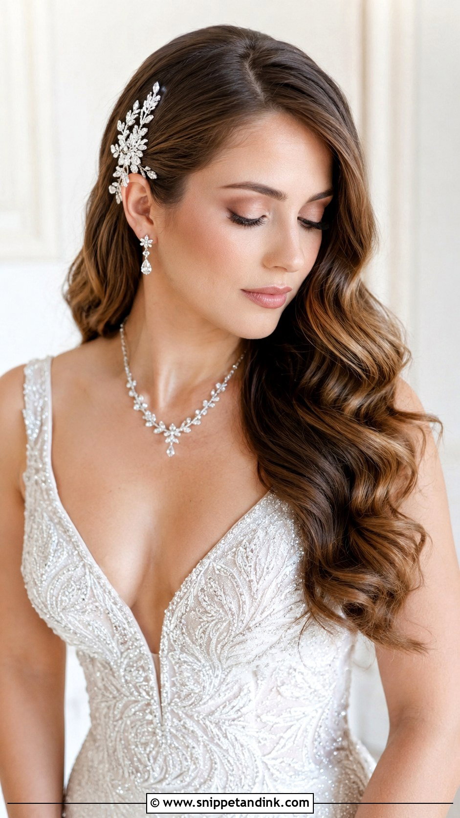Glamorous Waves with a Sparkling Hair Clip - Snippet and Ink - 25 Wavy Bridal Hair Ideas