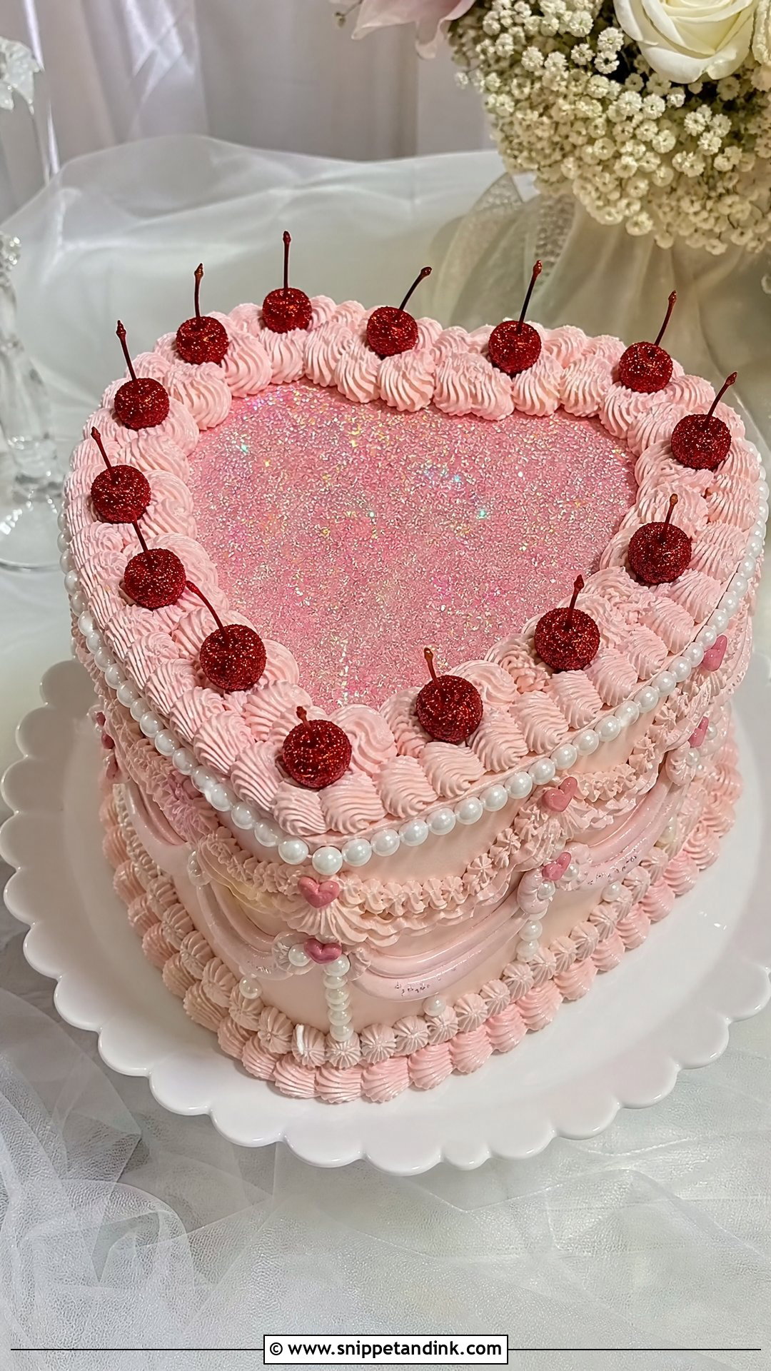 Glitter Heart Cake With Cherries - Snippet and Ink - 25 Glitter Heart Cake Ideas for Wedding