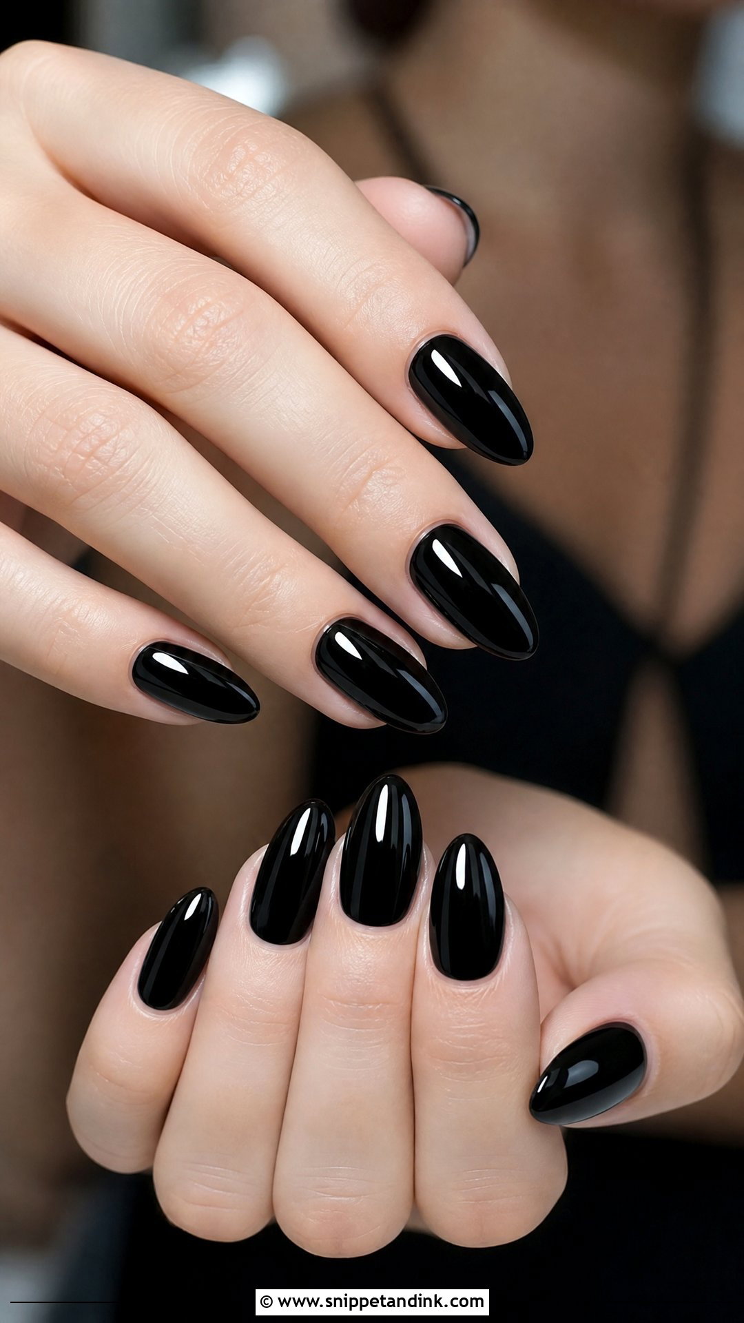 Glossy Black Almond Wedding Nails - Snippet and Ink - 25 Black Wedding Nails for Bride
