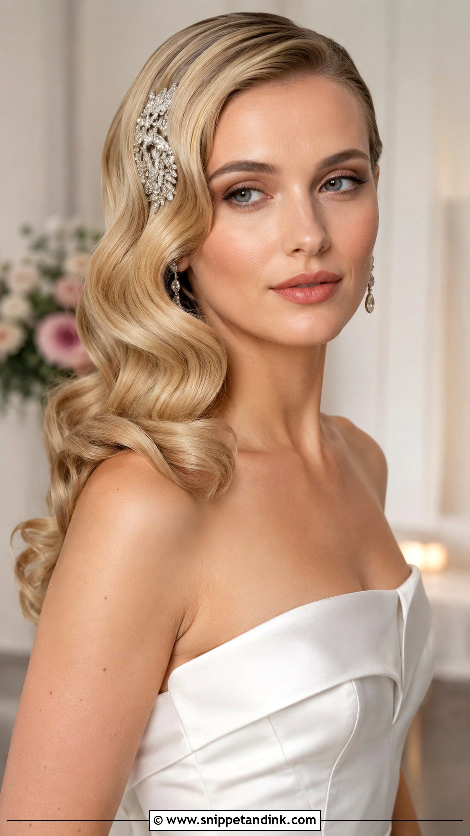 Glossy Blonde Side Swept Waves - Snippet and Ink - 25 Open Hair Bridal Look Ideas