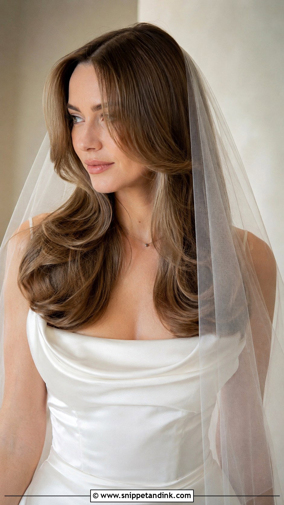 Glossy Blowout With Blusher Veil - Snippet and Ink - 25 Blusher Veil with Hair Down Ideas