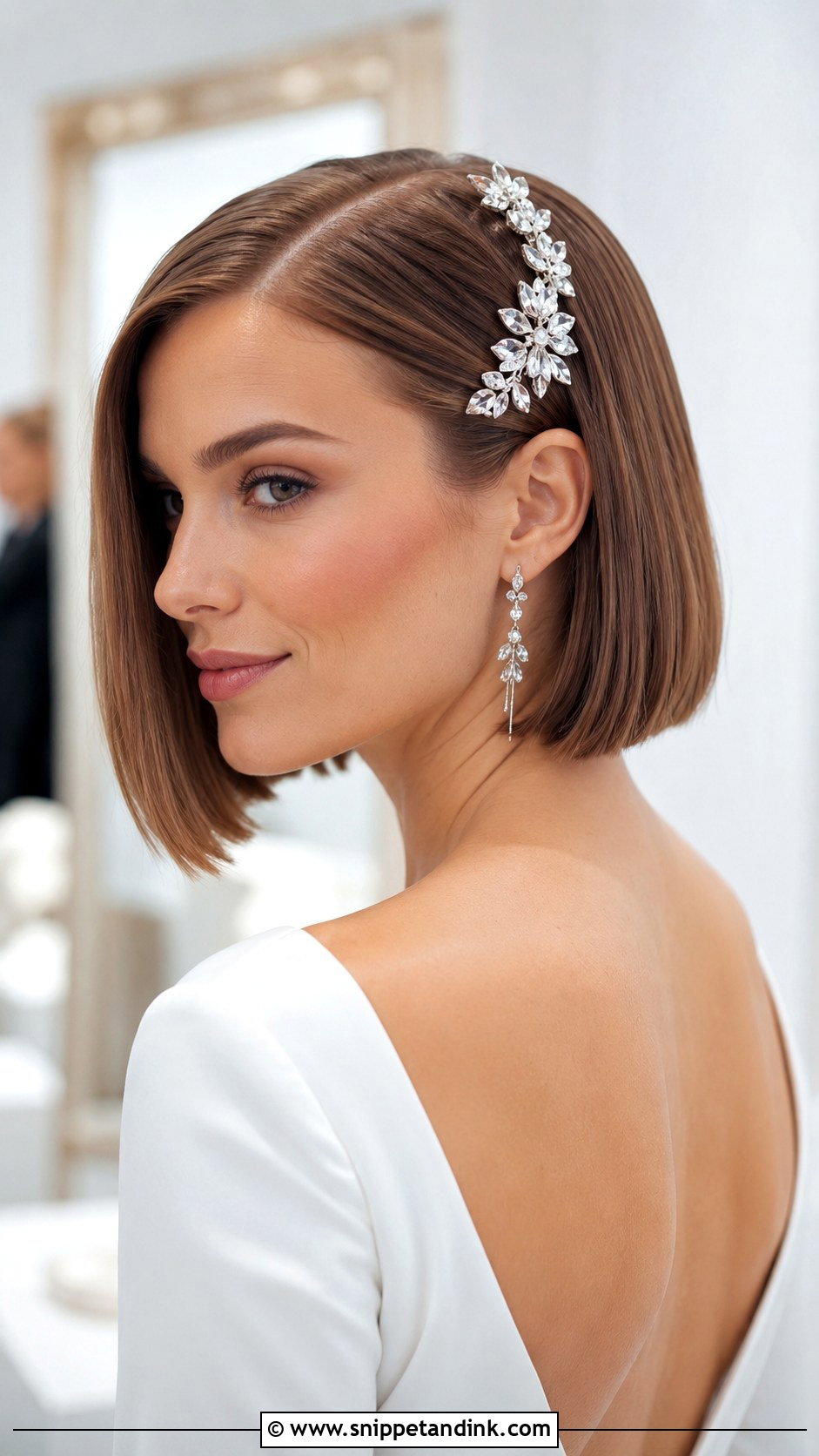 Glossy Bob With Hair Accessories - Snippet and Ink - 35 Short Hair Wedding Styles