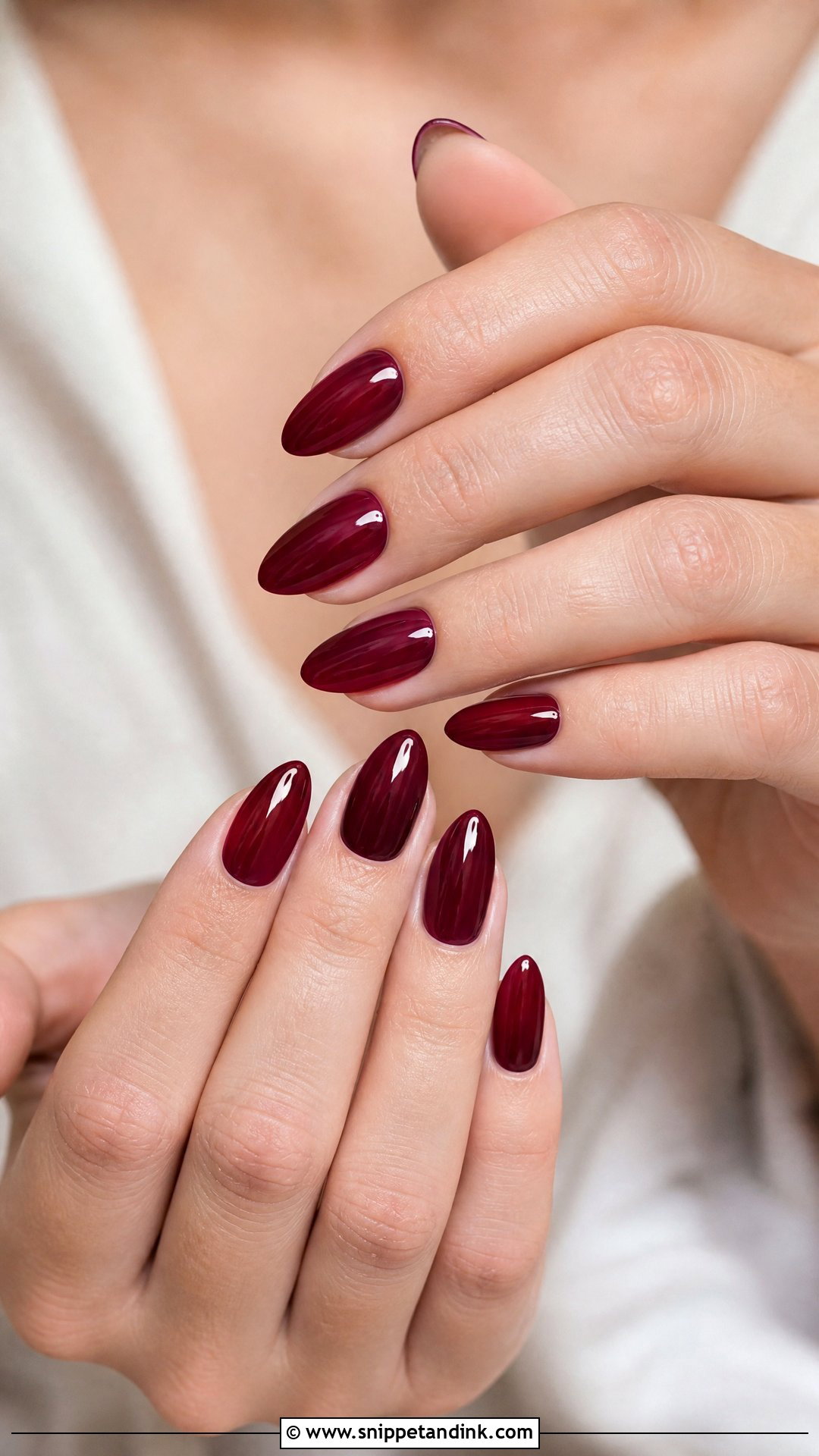 Glossy Burgundy Almond Wedding Nails - Snippet and Ink - 25 Burgundy Wedding Nails