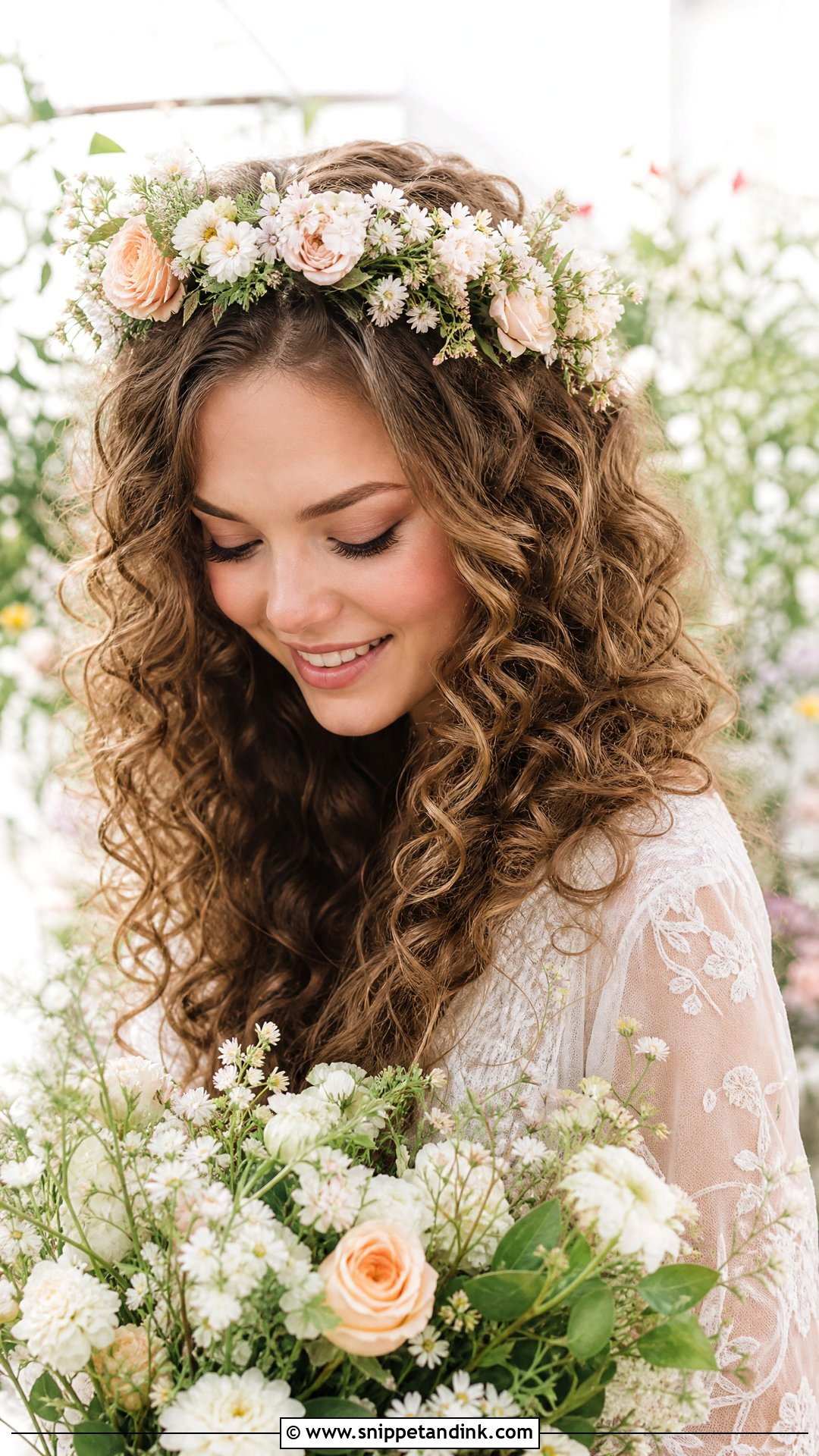 Glossy Curls With a Floral Crown - Snippet and Ink - 20 Medium Length Wedding Hair All Down Ideas