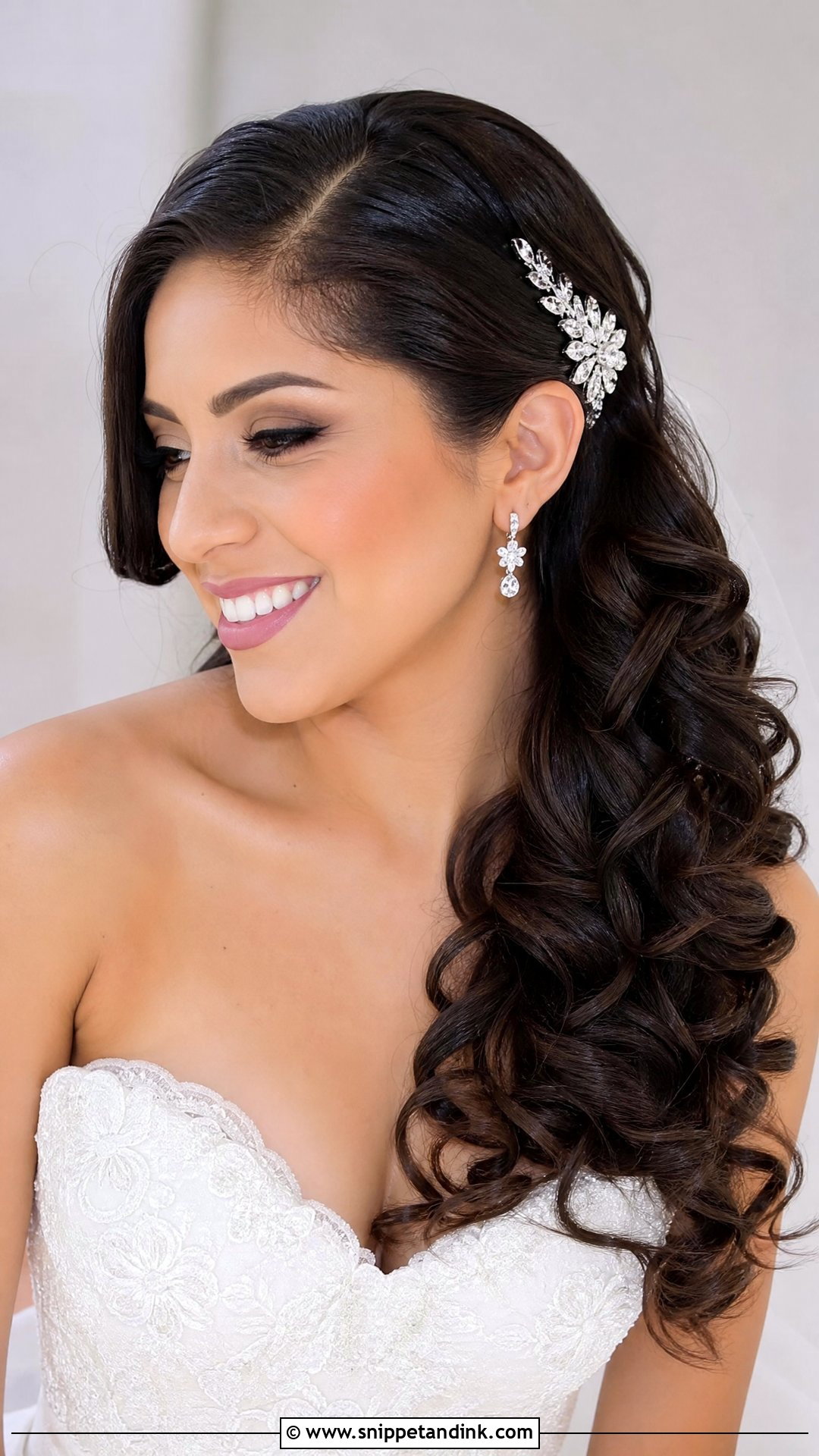 Glossy Open Curls with Deep Side Part - Snippet and Ink - 20 Open Hair Bridal Hairstyles
