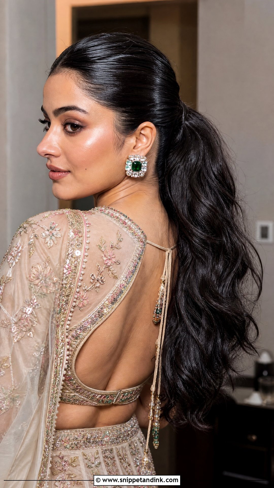 Glossy Smoky Ponytail - Snippet and Ink - 20 Sangeet Bridal Hairstyles