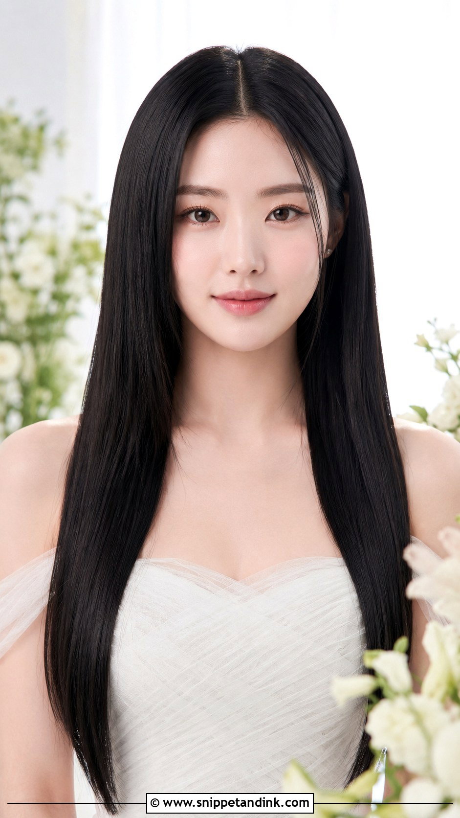 Glossy Straight Hair With Middle Part - Snippet and Ink - 30 Korean Wedding Hair Ideas