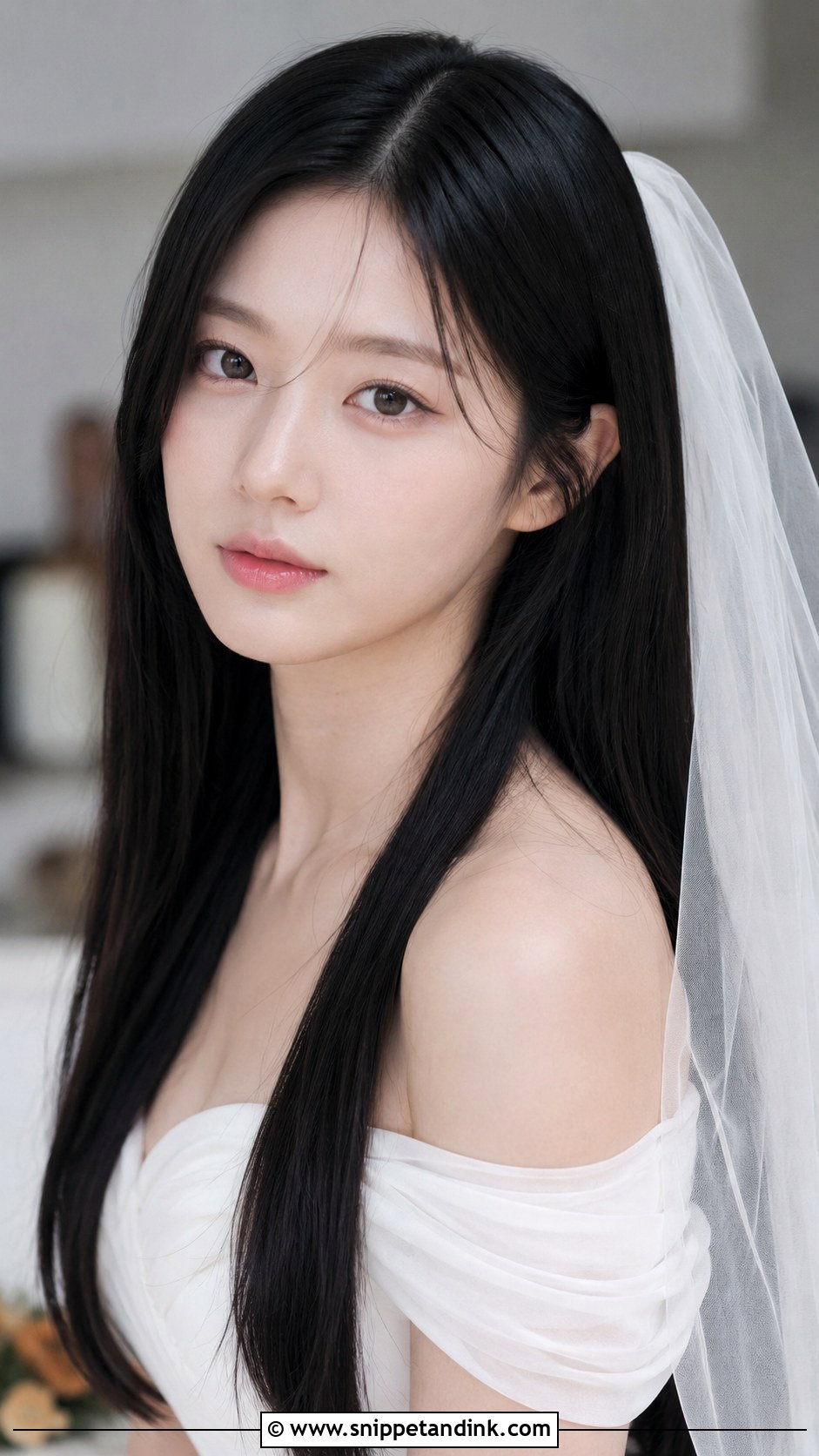 Glossy Straight Hair With Veil - Snippet and Ink - 30 Korean Wedding Hair Ideas