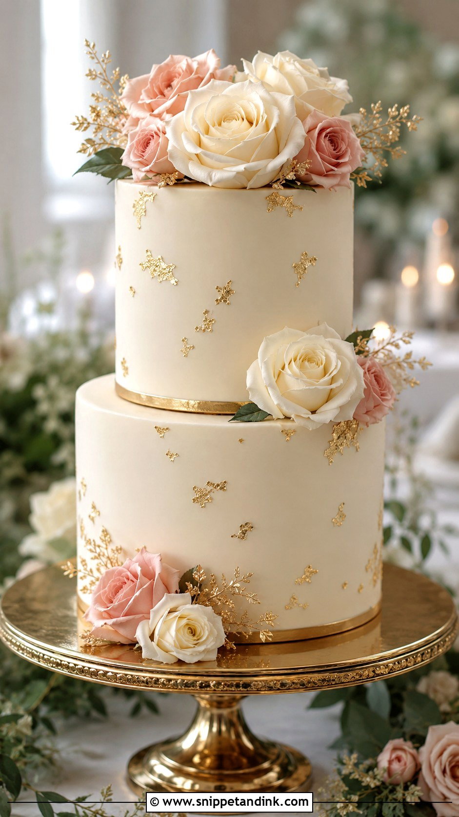 Gold 2 Tier Wedding Cake With Roses - Snippet and Ink - 20 2 Tier Wedding Cake Ideas with Roses