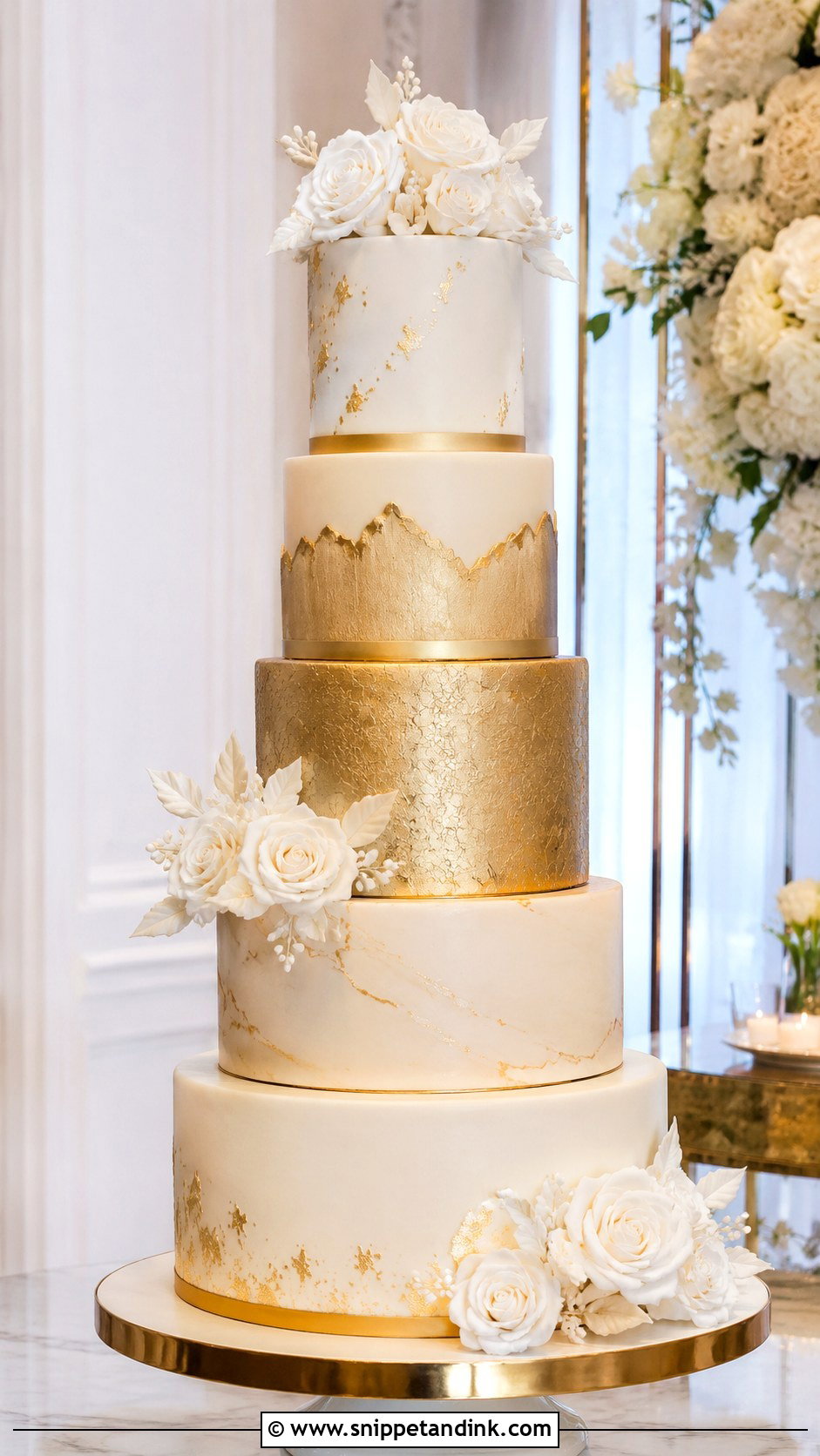 Gold 5 Tier Wedding Cake - Snippet and Ink - 25 5 Tier Wedding Cake Ideas