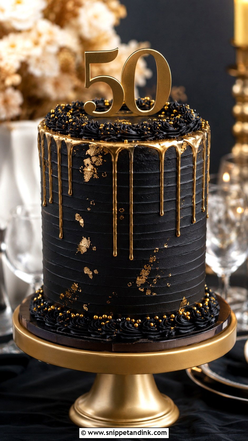 Gold 50th Anniversary Black Cake - Snippet and Ink - 20 Gold 50th Anniversary Cakes