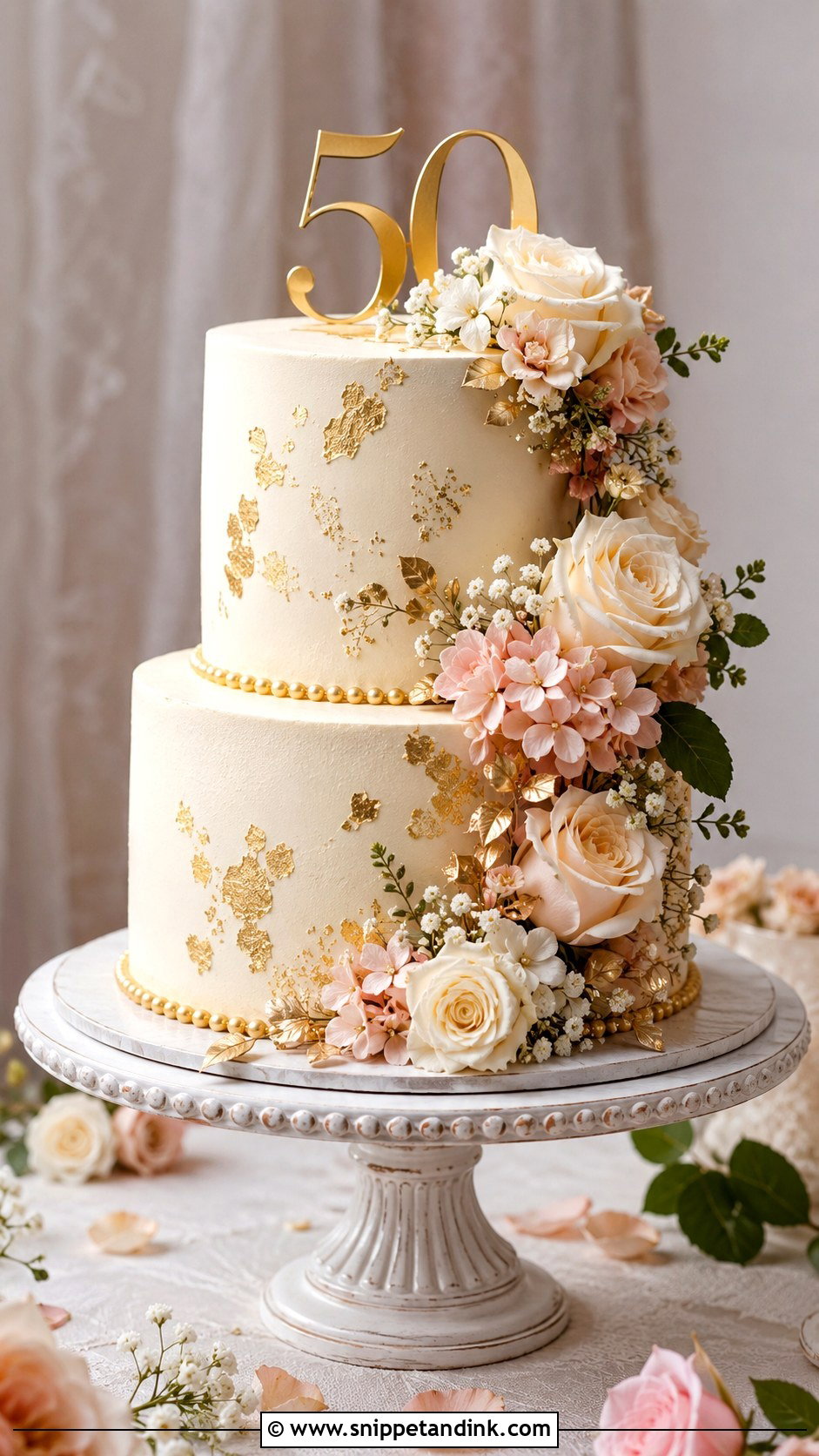 Gold 50th Anniversary Floral Cake - Snippet and Ink - 20 Gold 50th Anniversary Cakes
