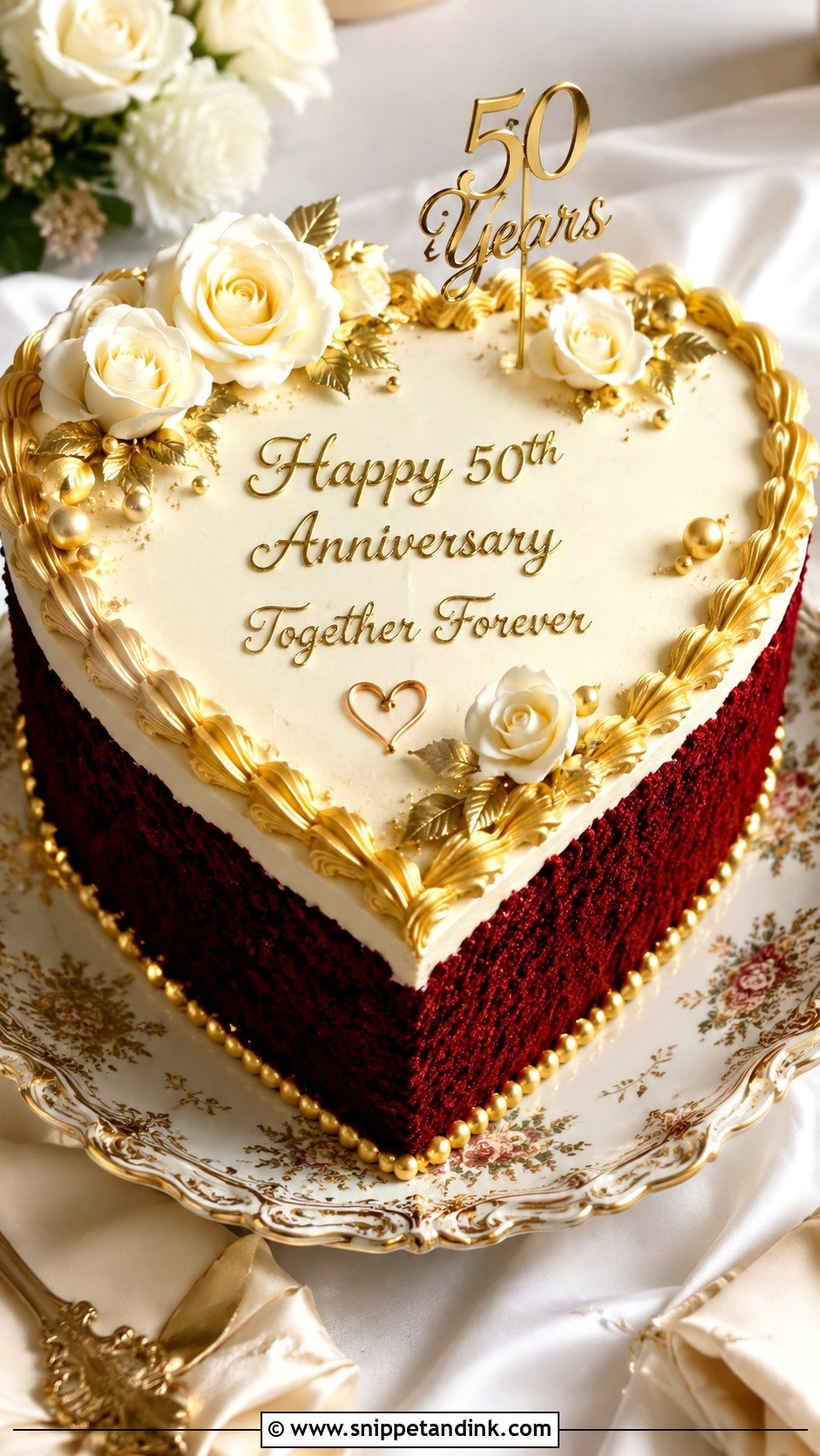 Gold 50th Anniversary Heart Cake - Snippet and Ink - 20 Gold 50th Anniversary Cakes