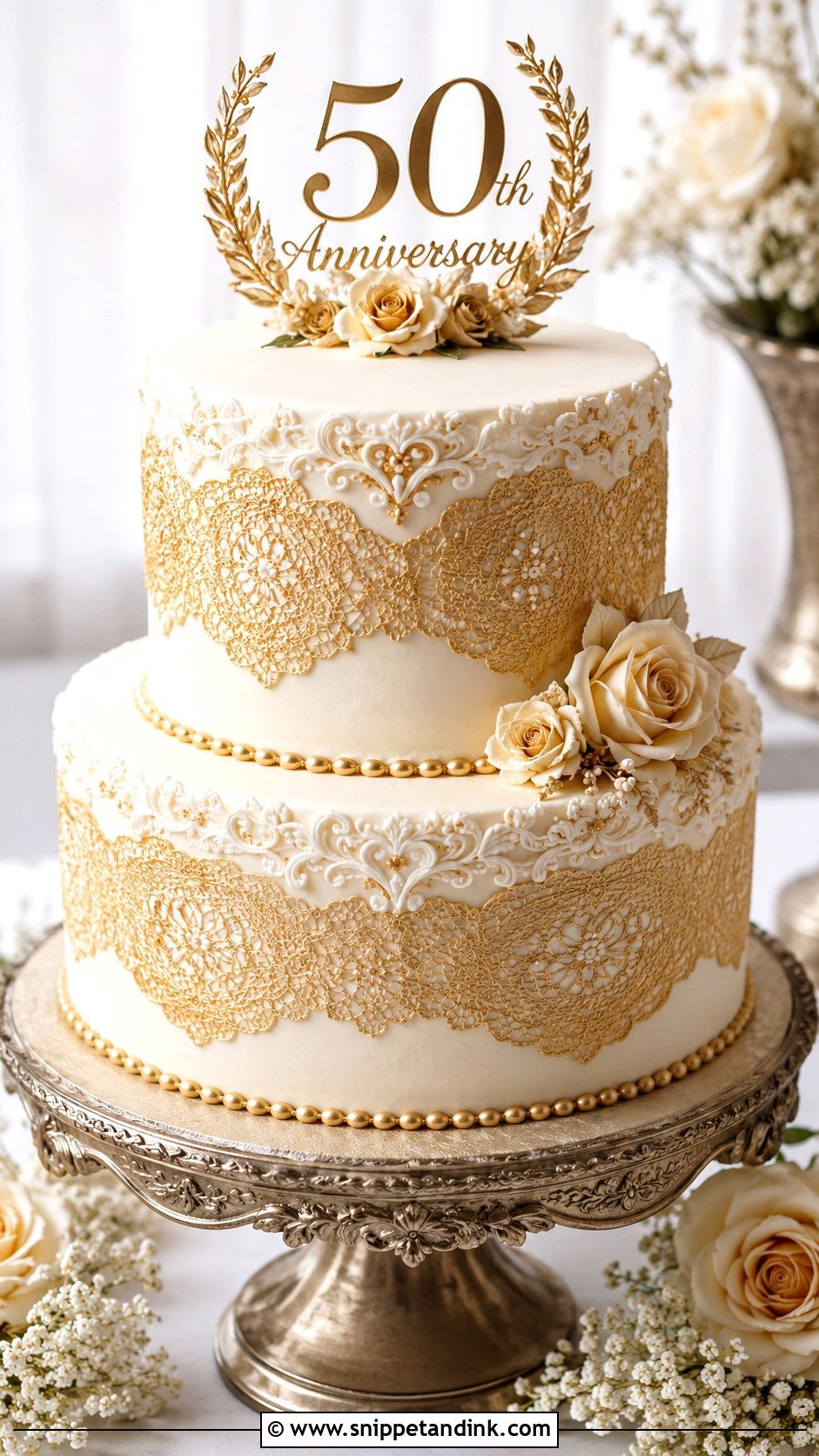 Gold 50th Anniversary Lace Cake - Snippet and Ink - 20 Gold 50th Anniversary Cakes