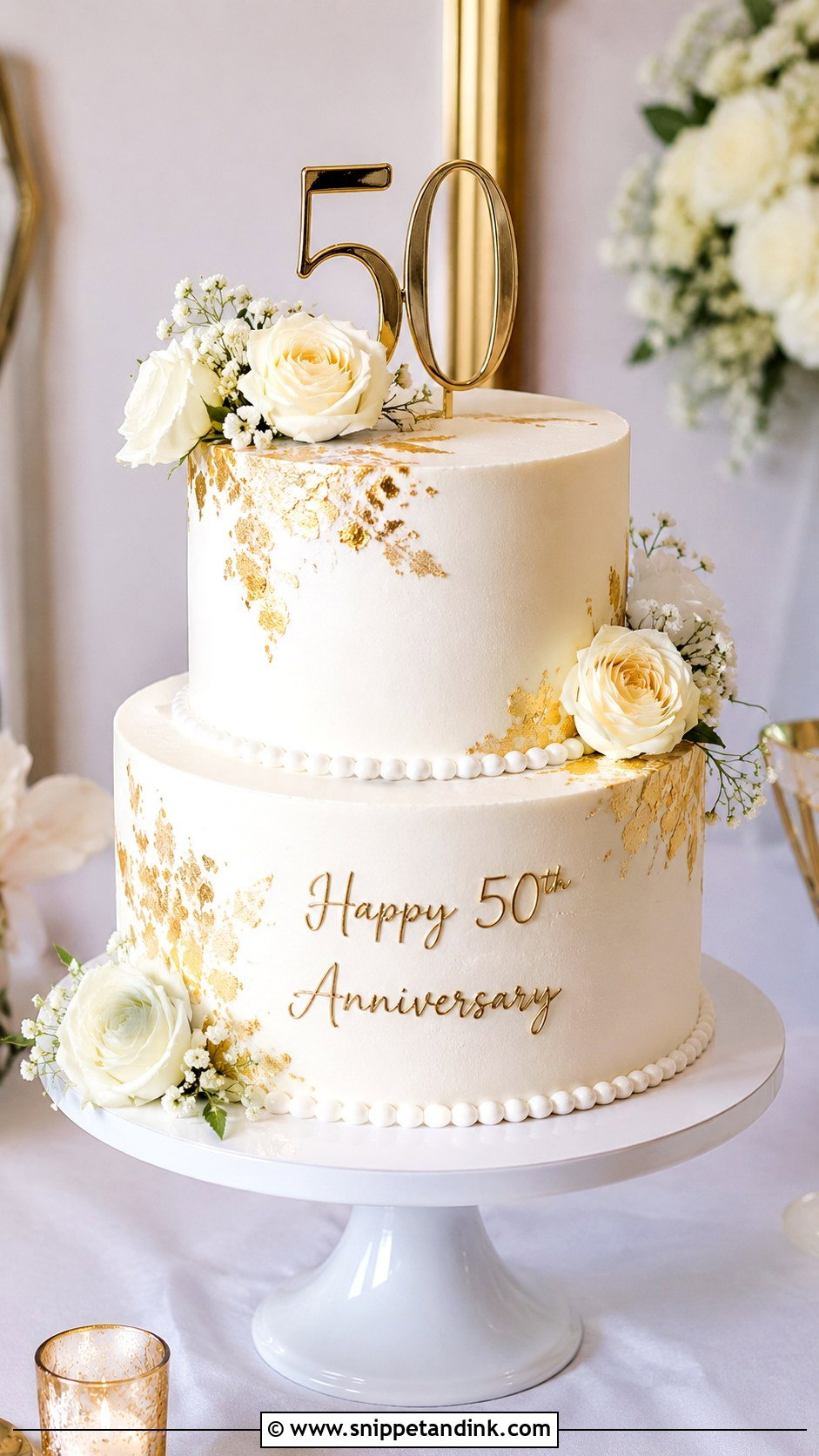 Gold 50th Anniversary White Cake - Snippet and Ink - 20 Gold 50th Anniversary Cakes