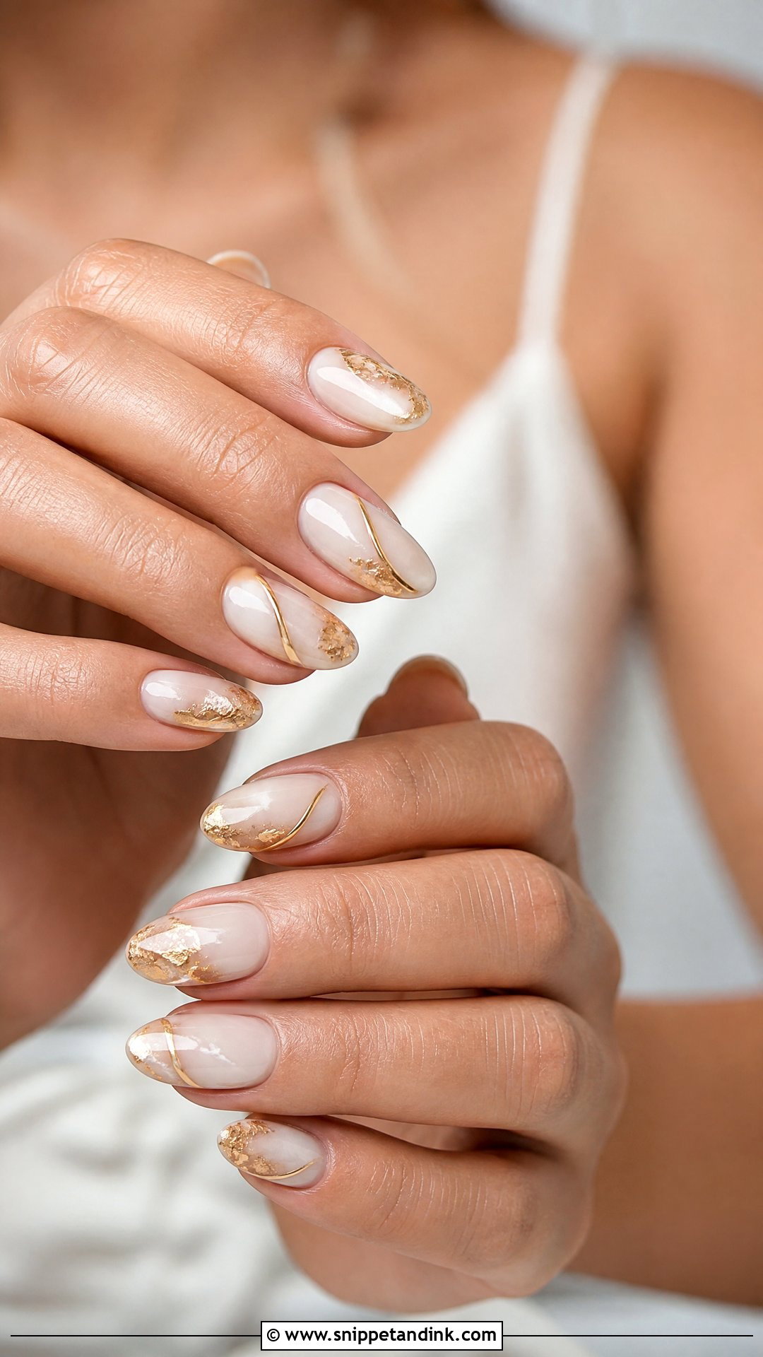 Gold Accent Almond Bridal Nails - Snippet and Ink - 25 Almond Bridal Nails