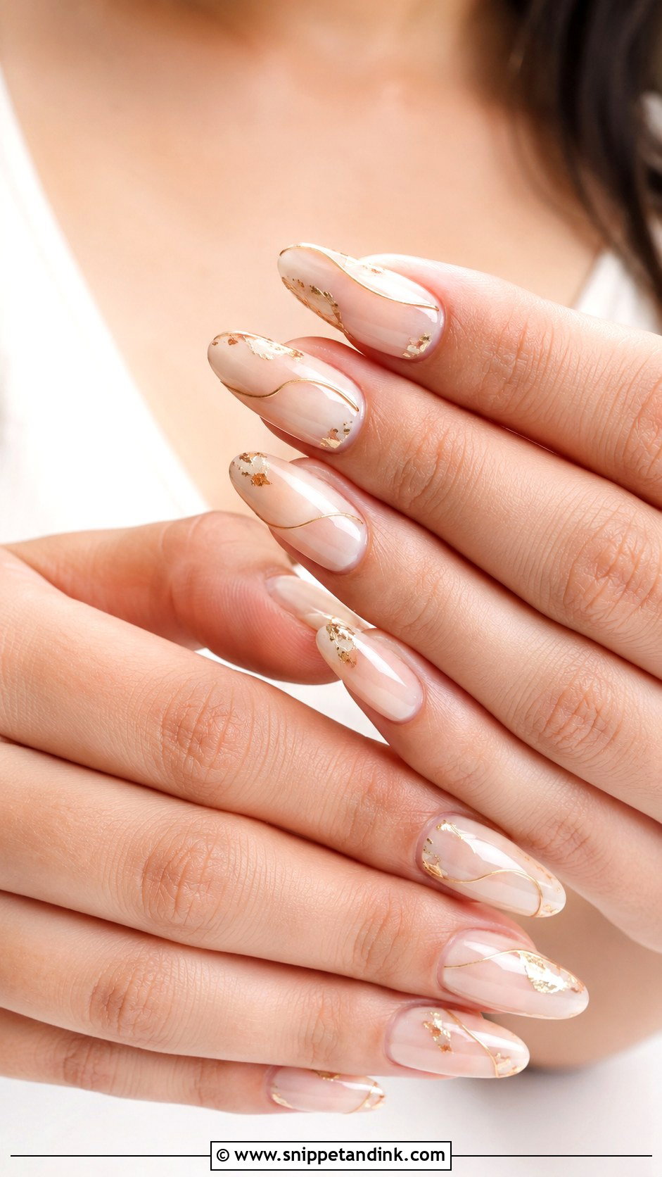 Gold Accent Almond Wedding Nails - Snippet and Ink - 20 Almond Wedding Nail Inspo for Bride Ideas