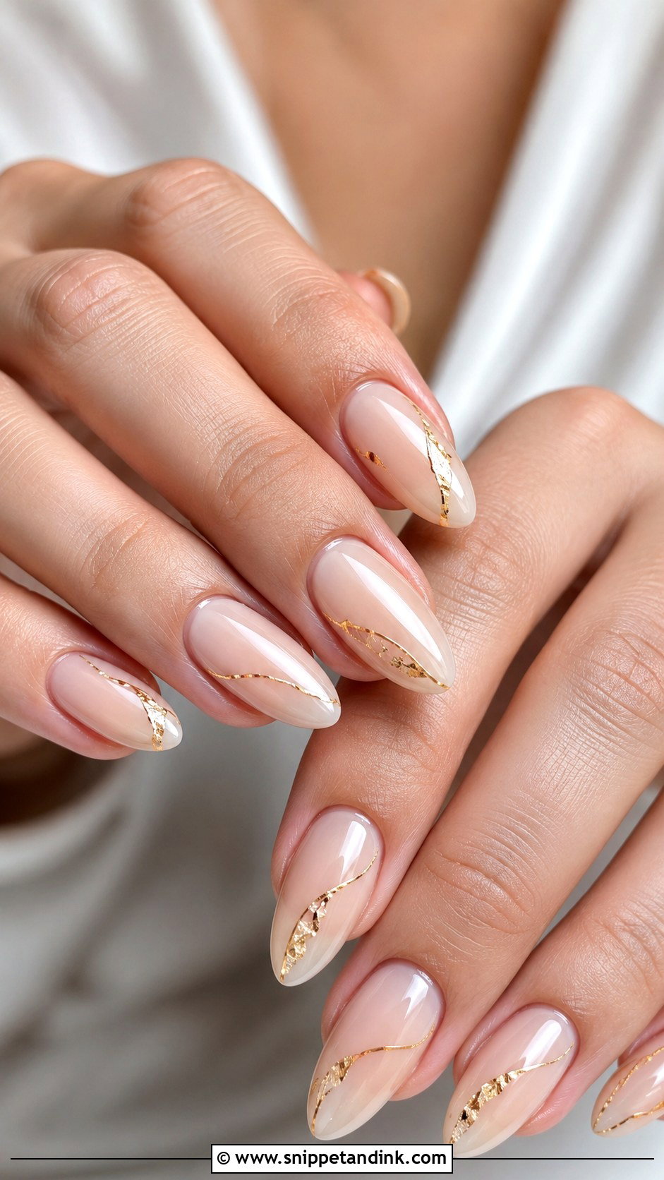 Gold Accent Almond Wedding Nails - Snippet and Ink - 20 Almond Shape Wedding Nails