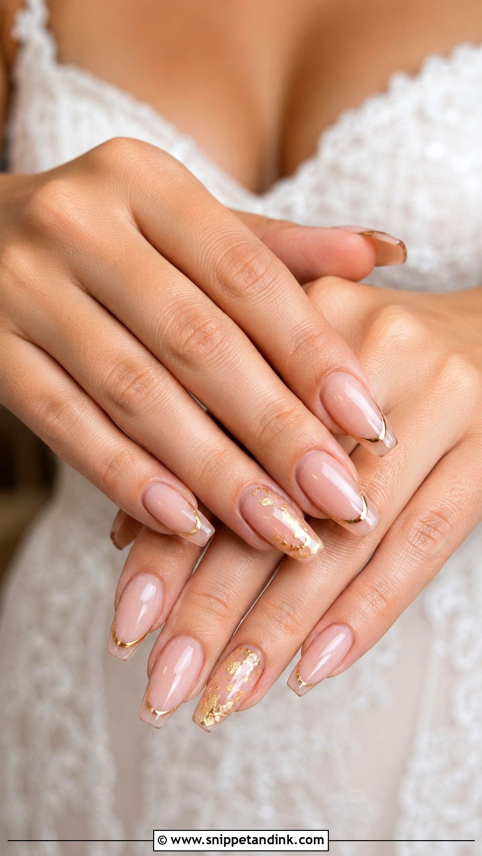 Gold Accent Coffin Bridal Nails - Snippet and Ink - 20 Coffin Bridal Nails