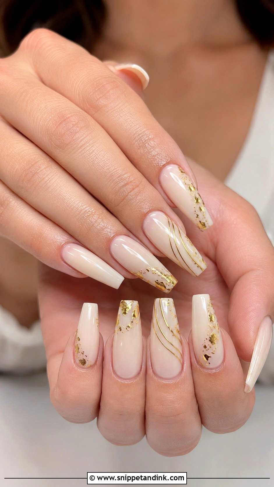 Gold Accent Coffin Wedding Nails - Snippet and Ink - 20 Coffin Shape Wedding Nails for Bride