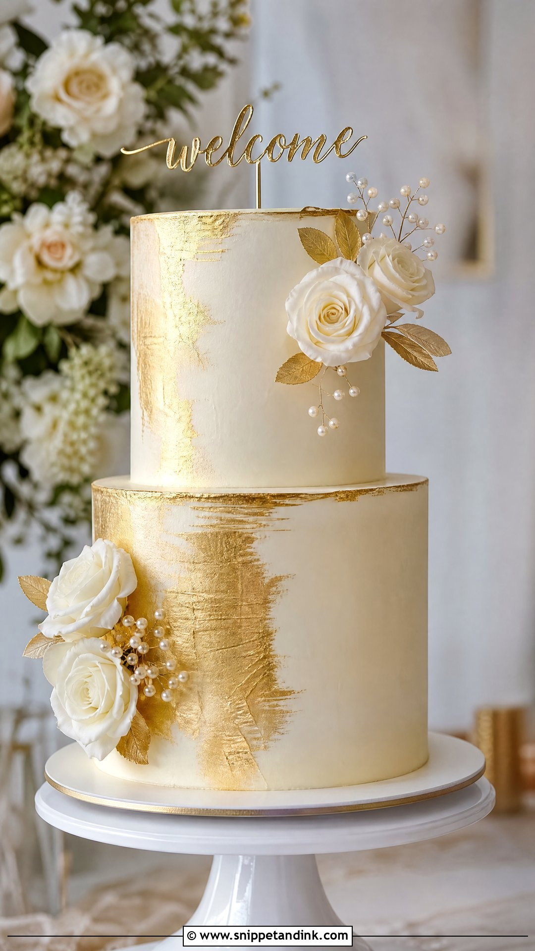 Gold Accent Welcome Wedding Cake - Snippet and Ink - 30 Welcome Cake Ideas for Wedding