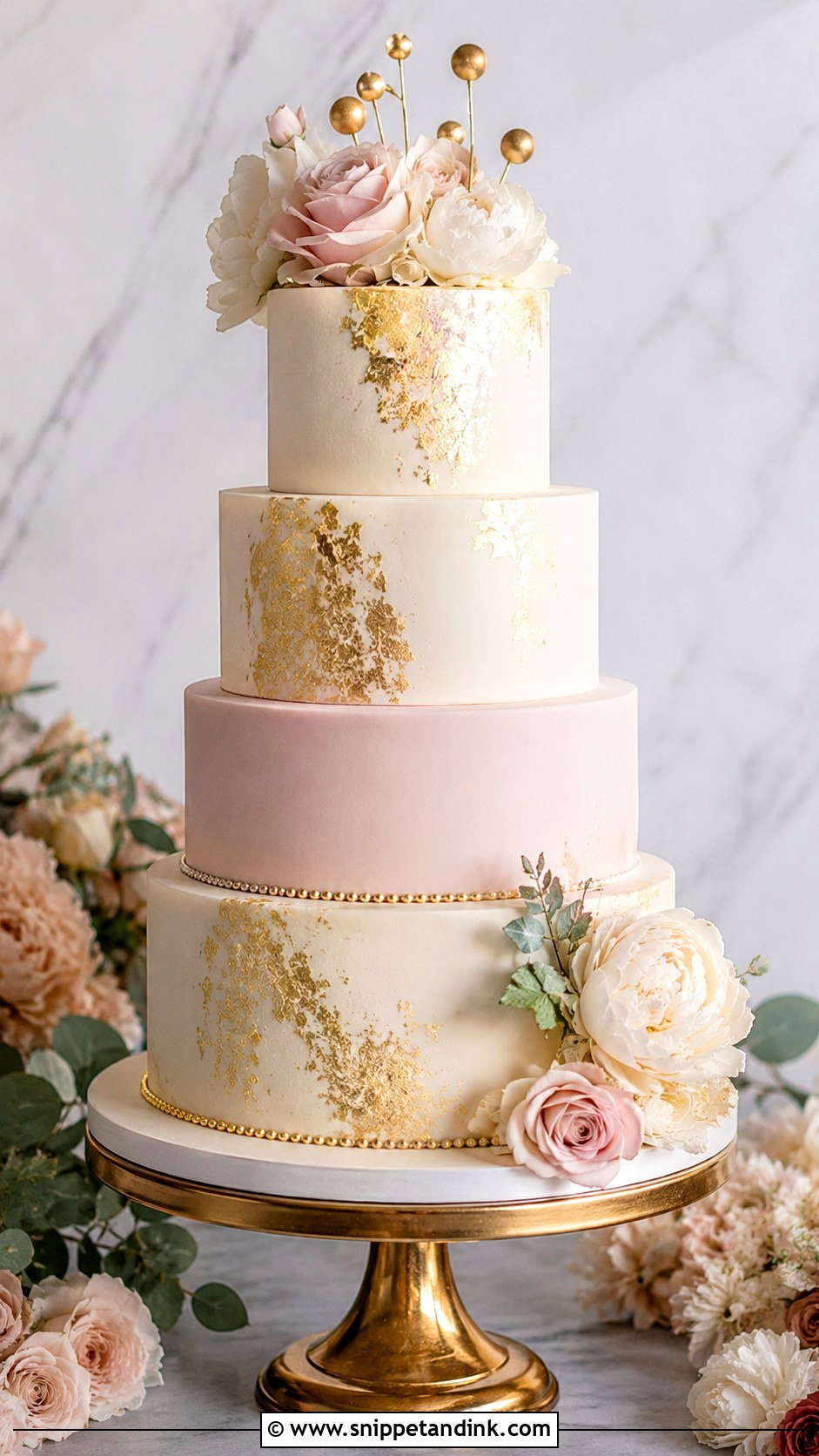 Gold And Blush 4 Tier Wedding Cake - Snippet and Ink - 25 Elegant Gold 4 Tier Wedding Cake Ideas