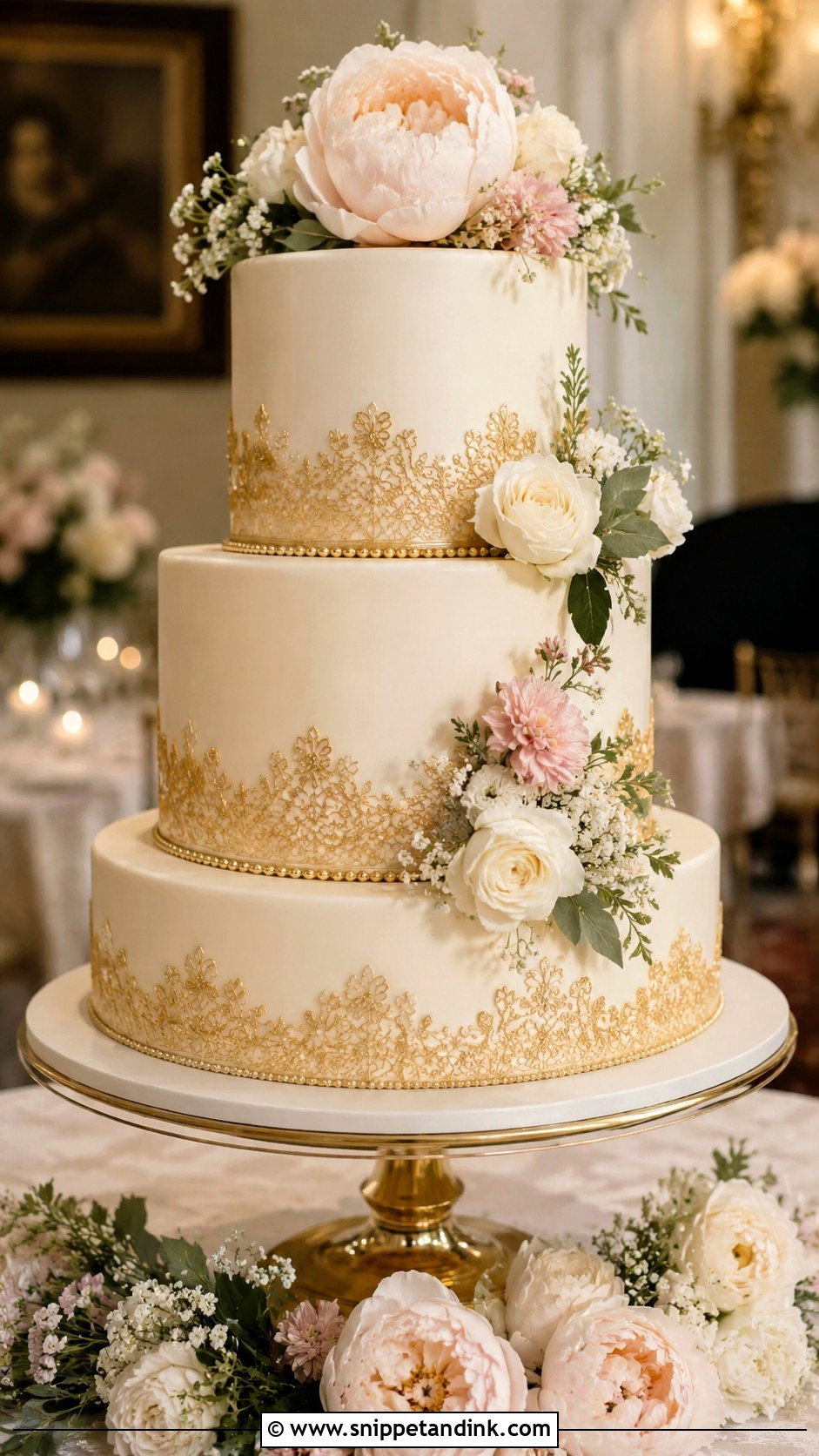 Gold And Ivory Wedding Cake - Snippet and Ink - 20 Golden Cake Ideas for Wedding