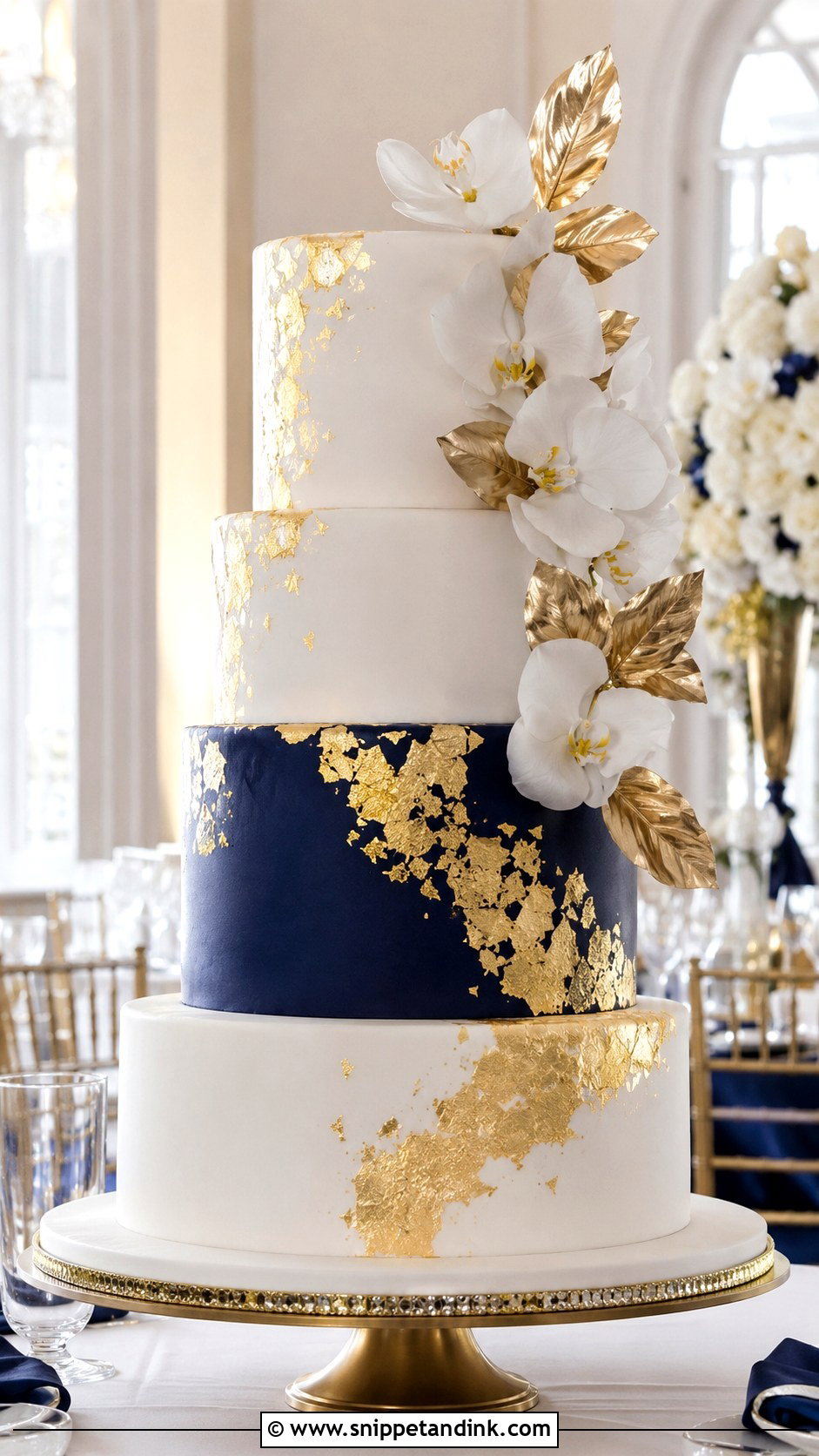 Gold And Navy 4 Tier Wedding Cake - Snippet and Ink - 25 Elegant Gold 4 Tier Wedding Cake Ideas