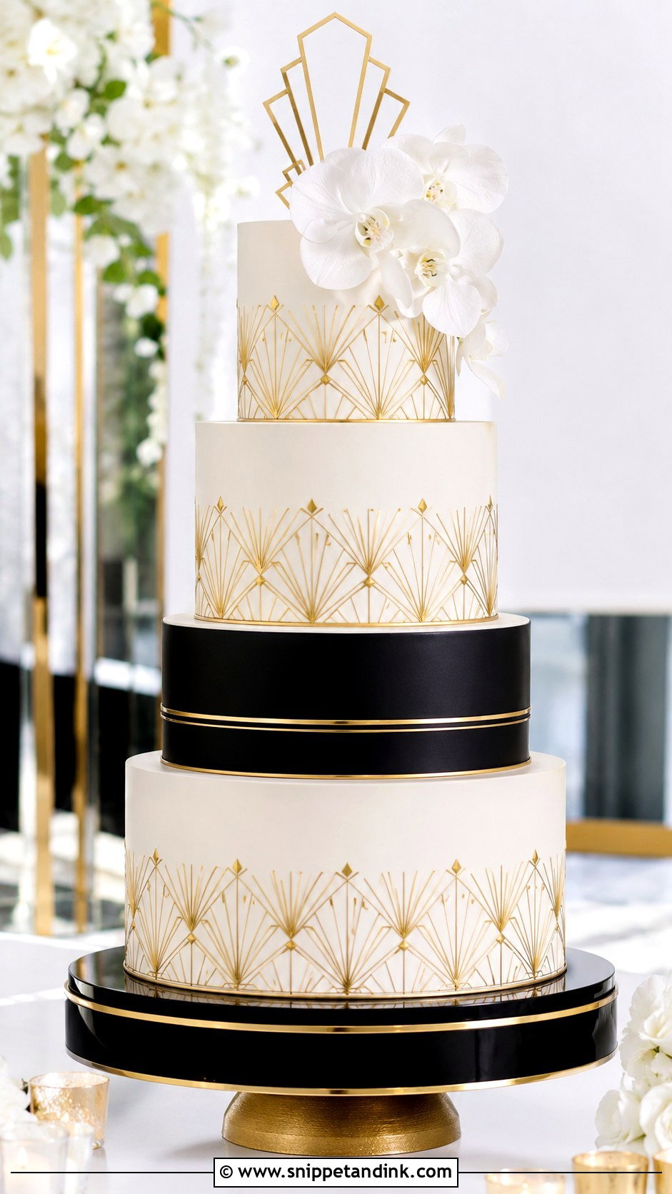 Gold Art Deco 4 Tier Wedding Cake - Snippet and Ink - 25 Elegant Gold 4 Tier Wedding Cake Ideas