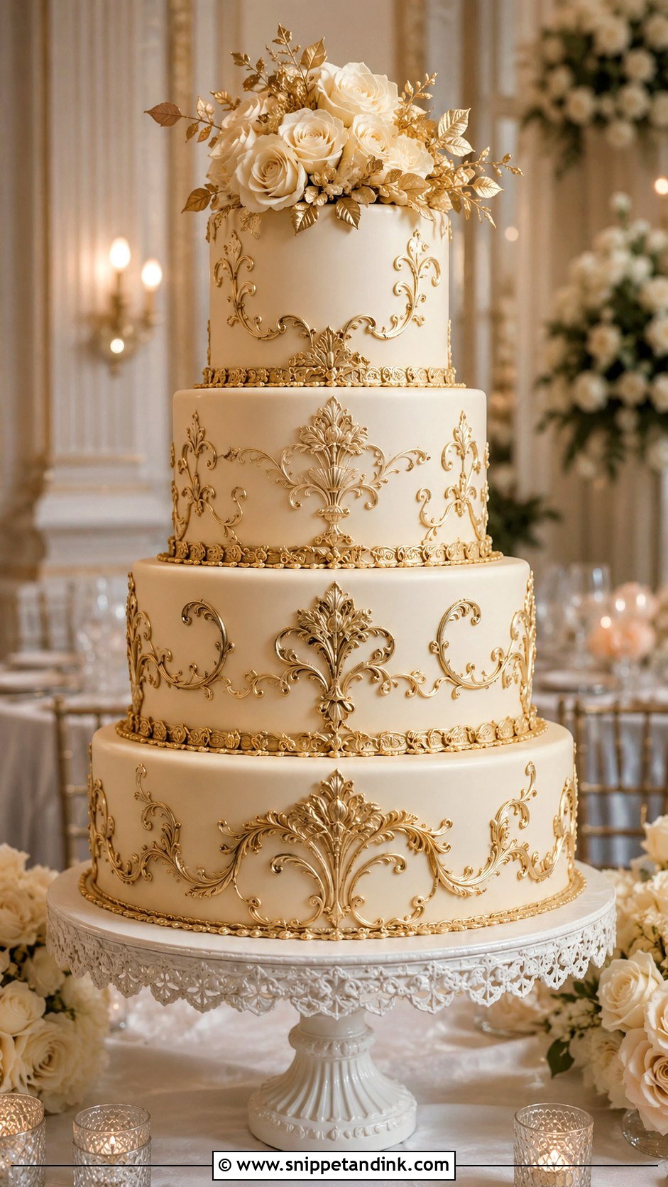 Gold Baroque 4 Tier Wedding Cake - Snippet and Ink - 25 Elegant Gold 4 Tier Wedding Cake Ideas