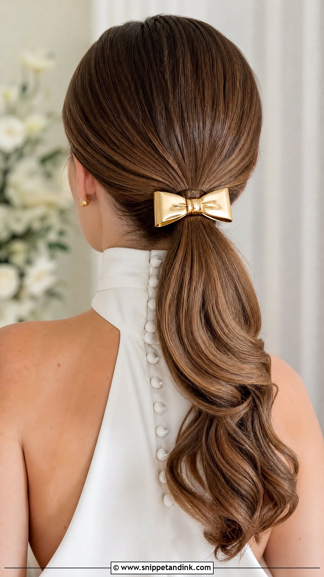 Gold Bow Clip With Low Ponytail - Snippet and Ink - 15 Gold Hair Accessories Wedding Ideas
