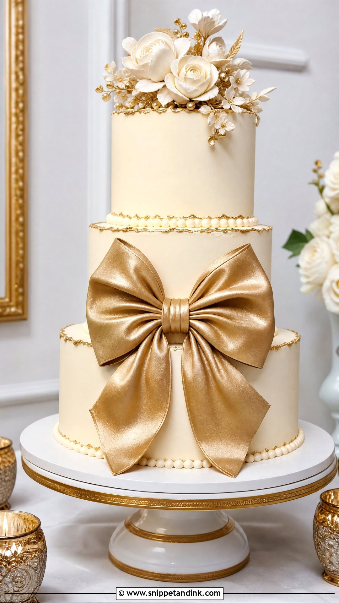 Gold Bow Wedding Cake - Snippet and Ink - 35 Bow Cake Ideas for Wedding
