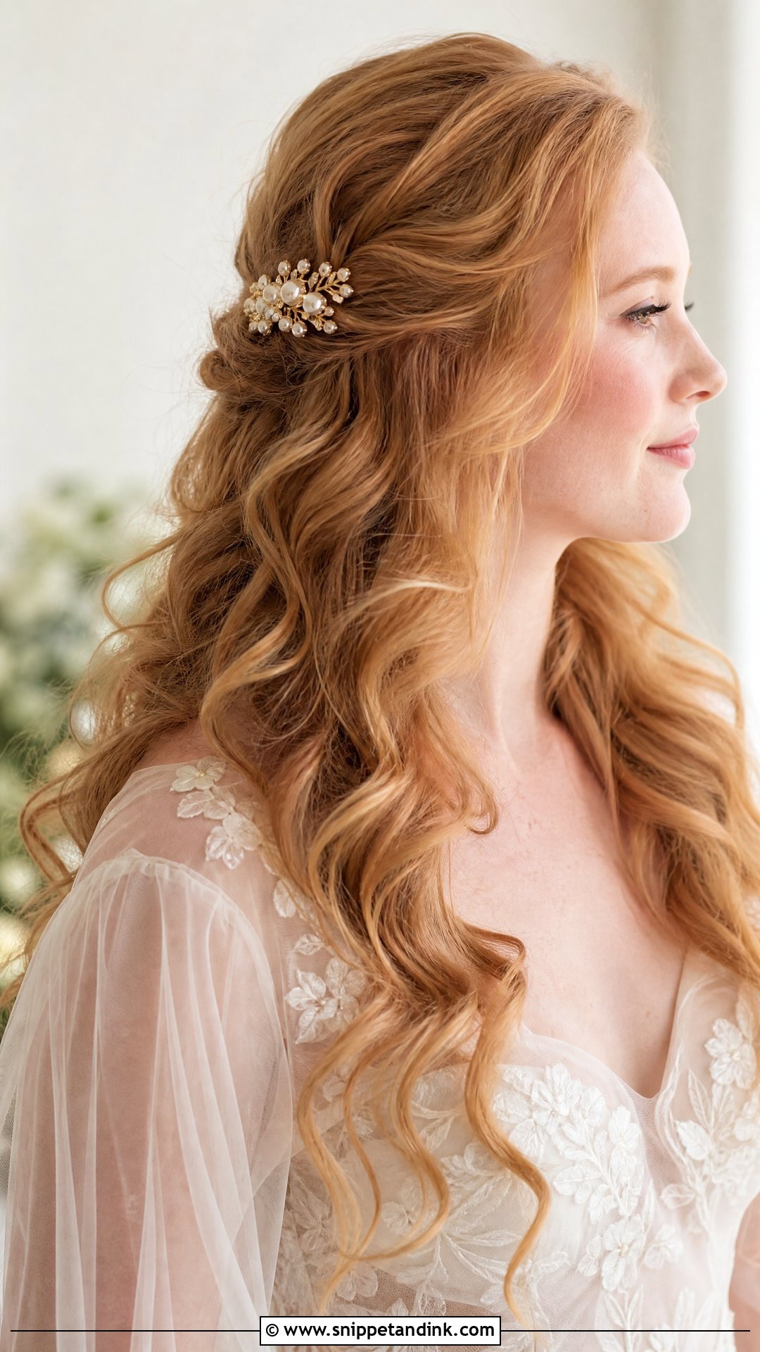 Gold Bridal Barrette With Long Curls - Snippet and Ink - 15 Gold Wedding Hair Piece Ideas