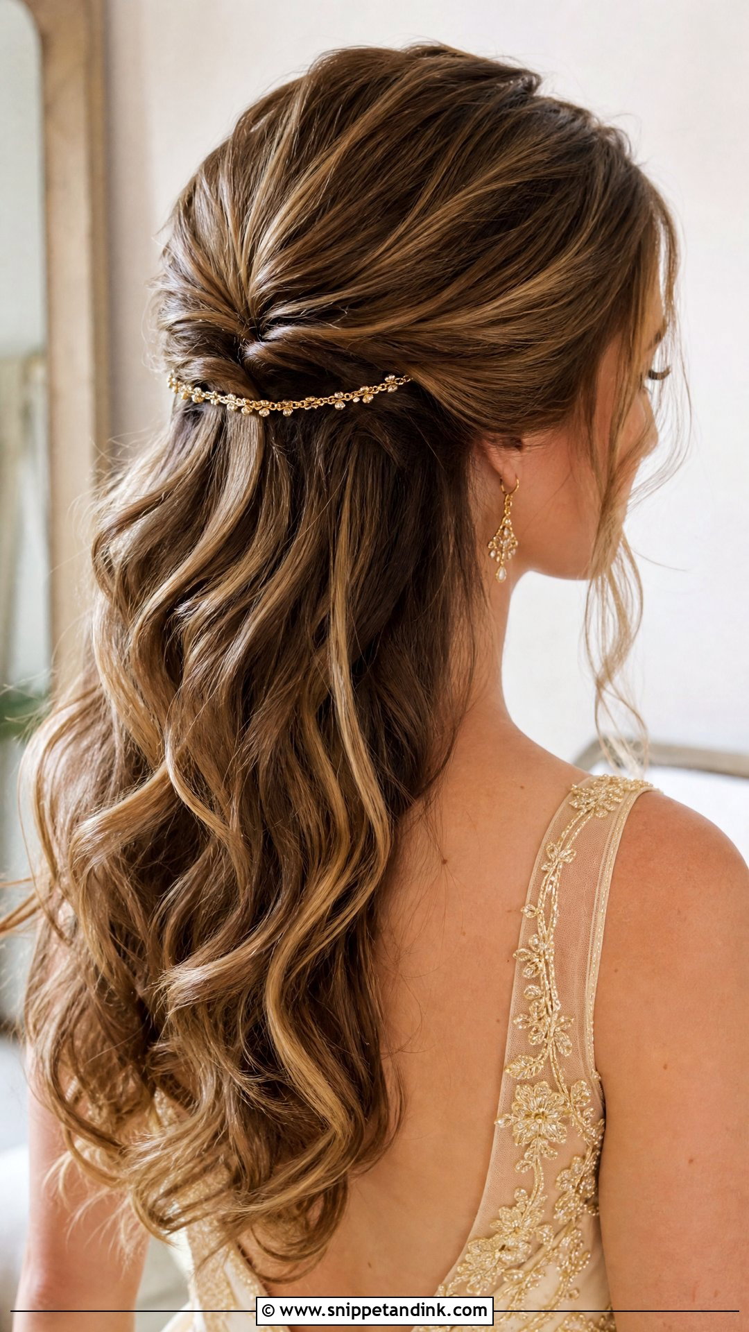 Gold Bridal Hair Chain With Half Up Hair - Snippet and Ink - 15 Bridal Hair Chain Ideas