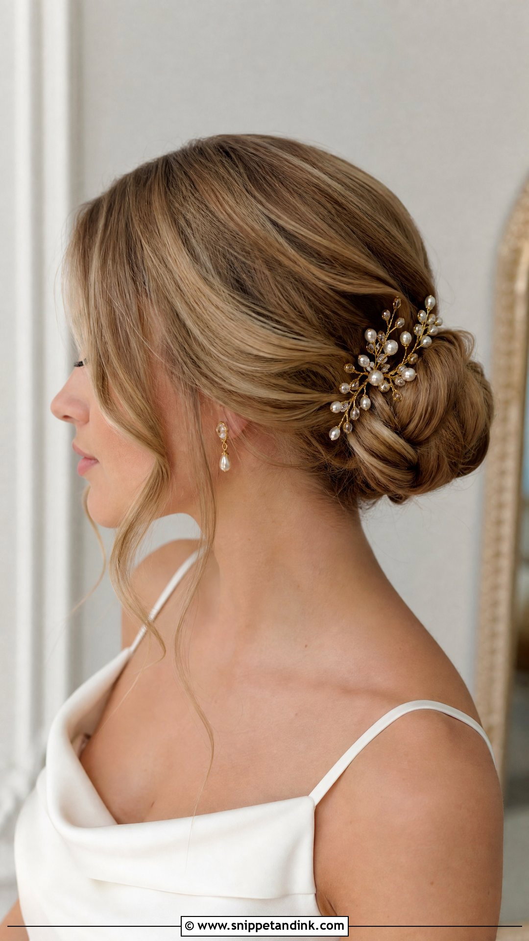 Gold Bridal Hair Comb With Low Bun - Snippet and Ink - 15 Gold Wedding Hair Piece Ideas