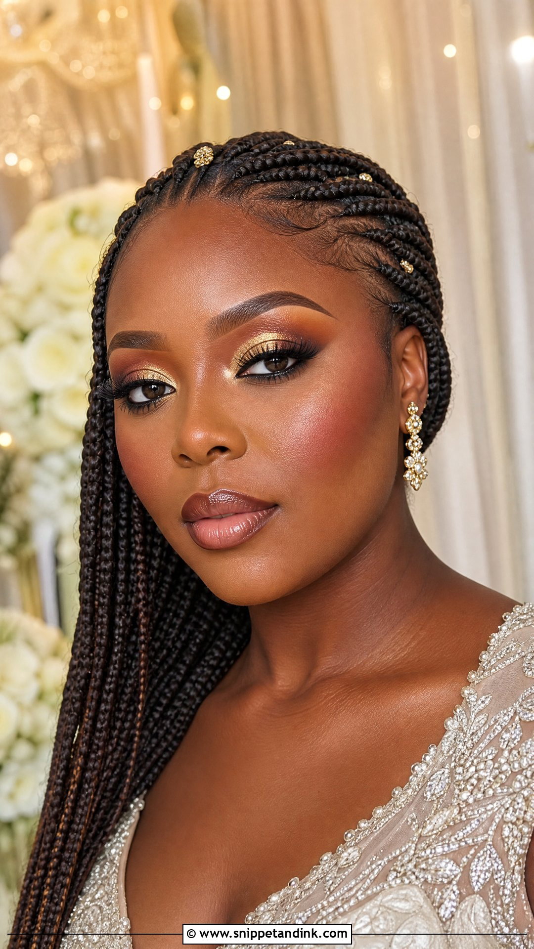 Gold Bridal Makeup With Box Braids - Snippet and Ink - 20 Braid Makeup Wedding Ideas