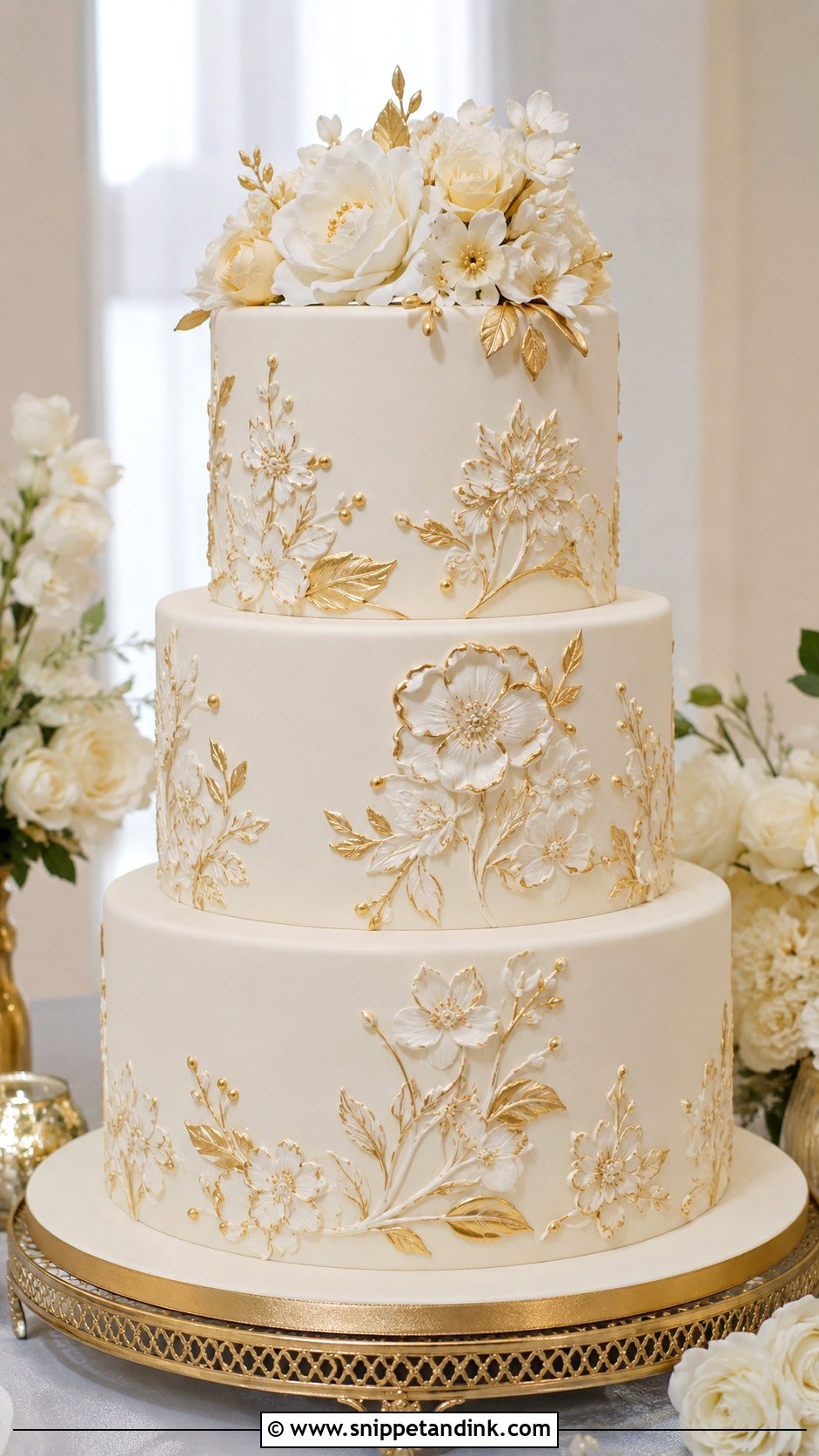 Gold Brush Embroidery Wedding Cake - Snippet and Ink - 20 Brush Embroidery Wedding Cake Ideas