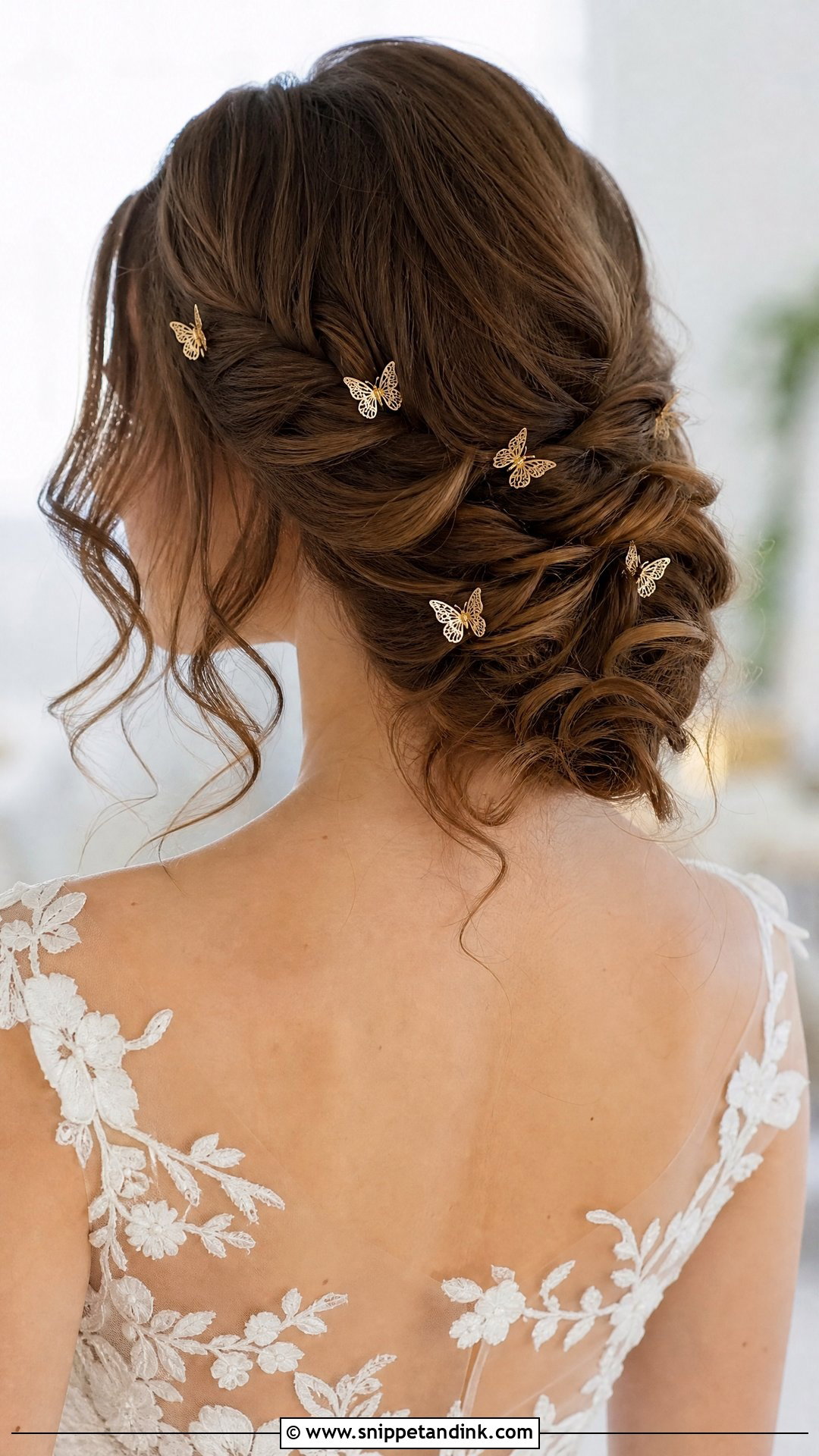 Gold Butterfly Hair Pins With Loose Updo - Snippet and Ink - 15 Gold Wedding Hair Piece Ideas