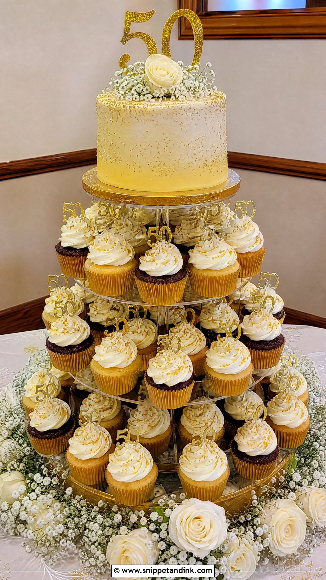 Gold Cupcake Anniversary Tower - Snippet and Ink - 25 Golden Wedding Anniversary Cake Ideas