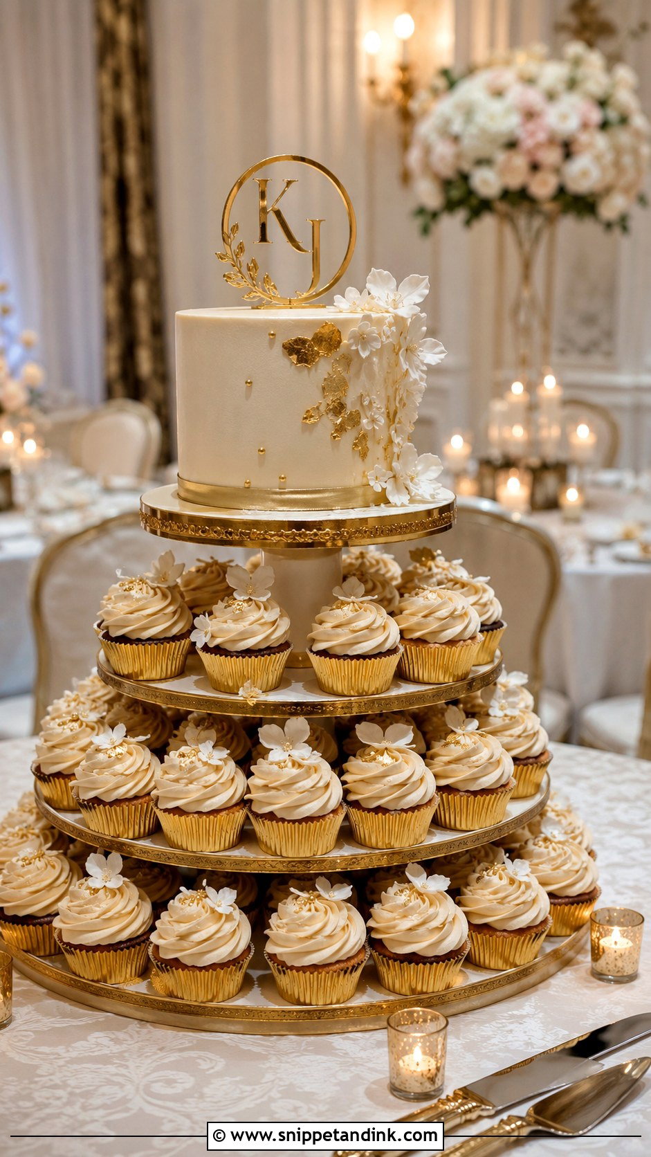Gold Cupcake Wedding Cake Display - Snippet and Ink - 25 Elegant Cupcake Wedding Cake Ideas