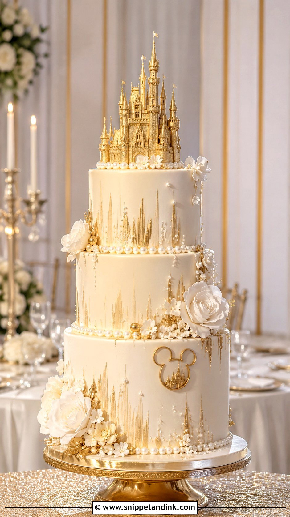 Gold Disney Castle Wedding Cake - Snippet and Ink - 20 Disney Castle Wedding Cake Ideas