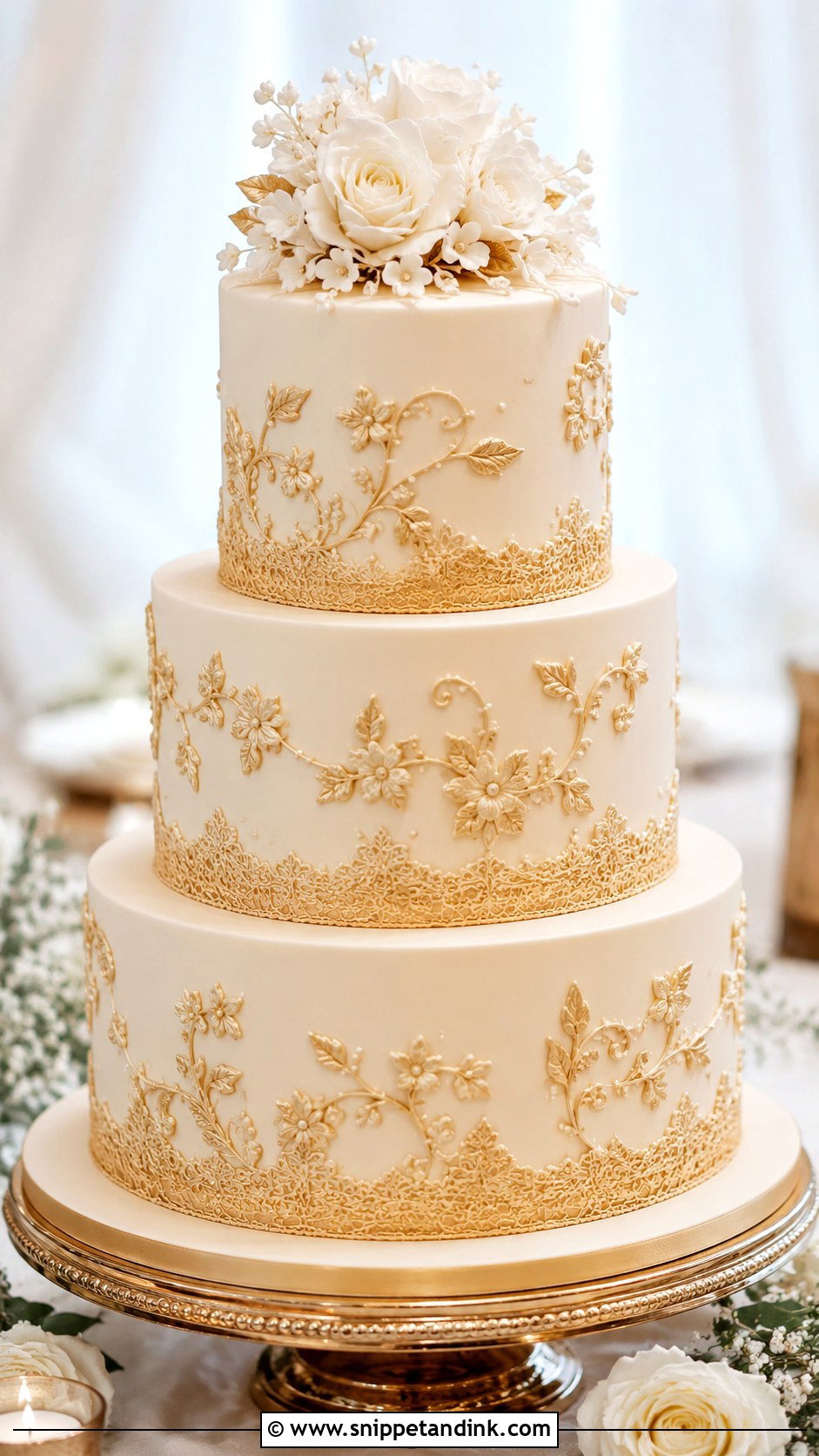 Gold Embroidery Wedding Cake - Snippet and Ink - 20 Embroidery Cake Design Ideas for Wedding