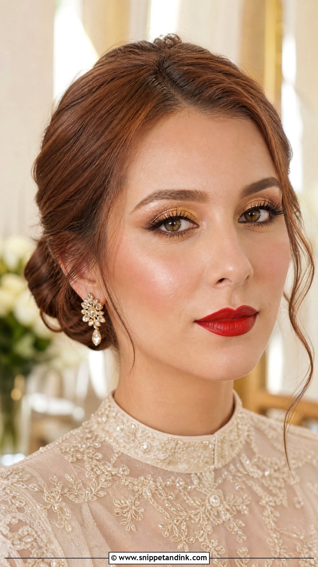 Gold Eye Bridal Makeup With Red Lipstick - Snippet and Ink - 20 Bride Red Lipstick Ideas