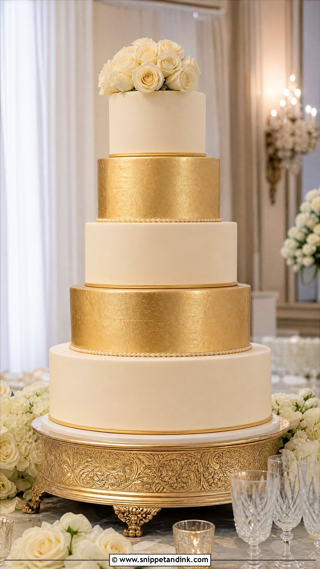 Gold Five Tier Wedding Cake - Snippet and Ink - 35 Gold Cake Ideas for Wedding