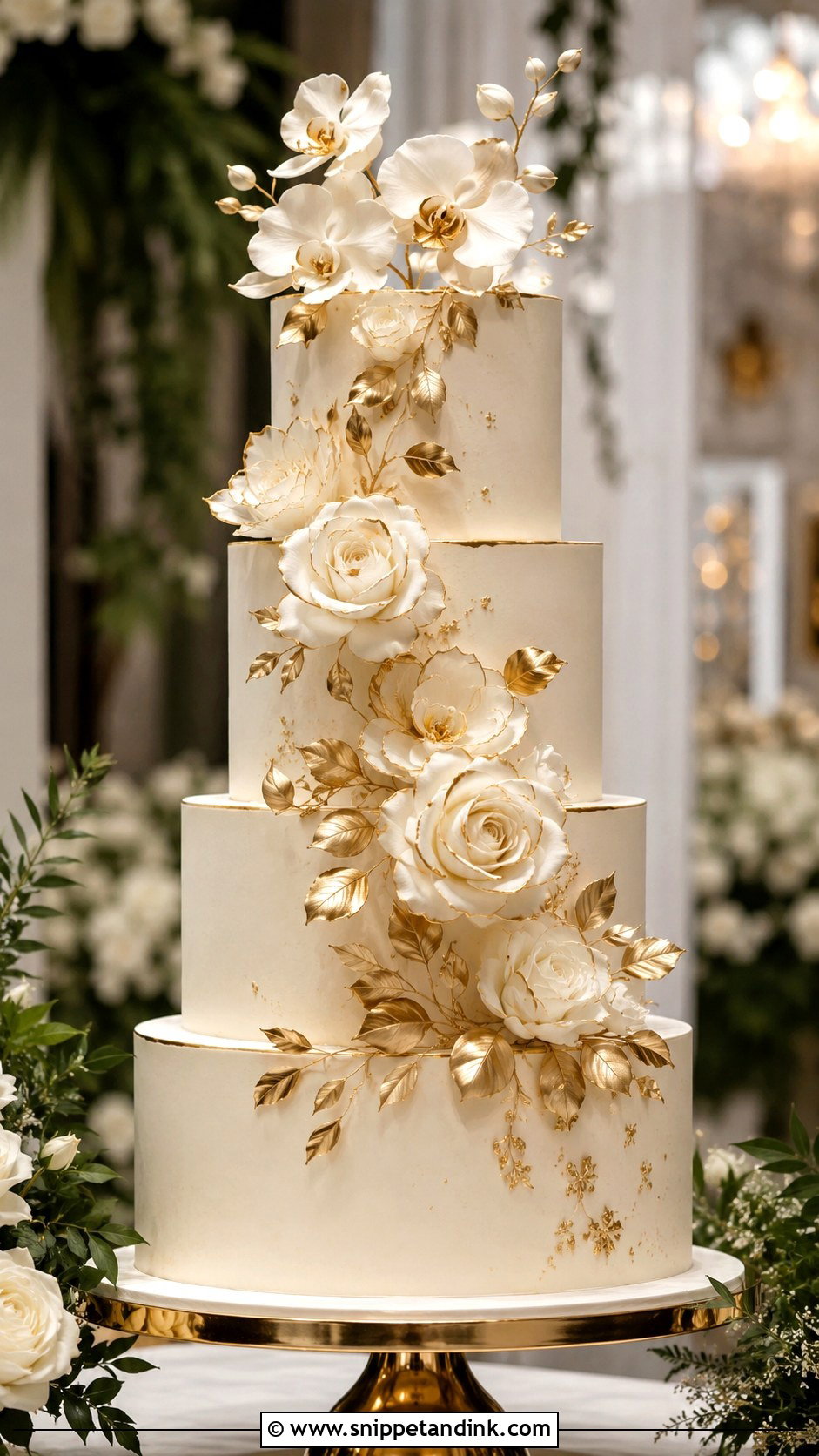 Gold Floral 4 Tier Wedding Cake - Snippet and Ink - 25 Elegant Gold 4 Tier Wedding Cake Ideas