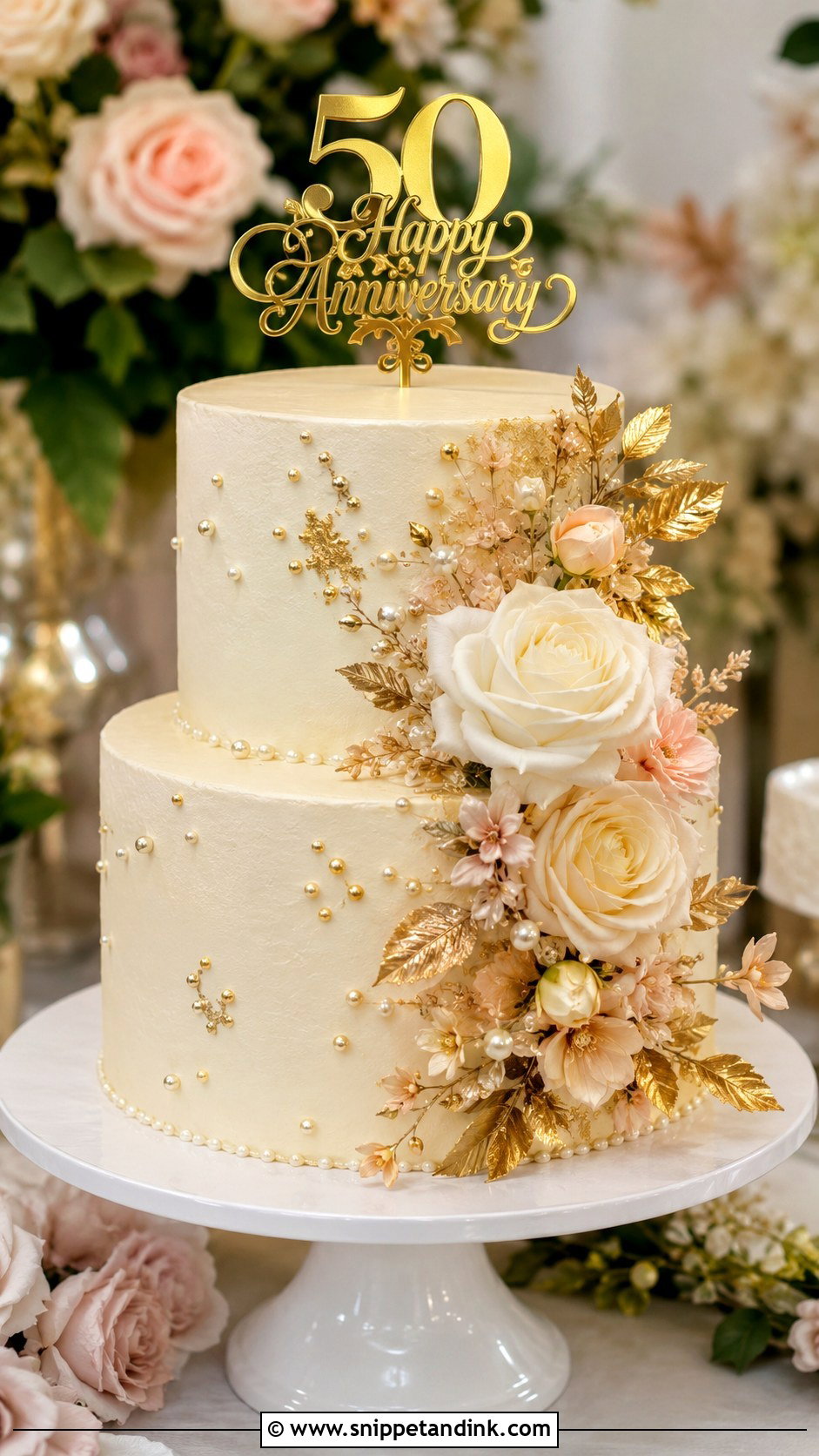 Gold Floral 50th Anniversary Cake - Snippet and Ink - 20 Gold 50th Wedding Anniversary Cakes