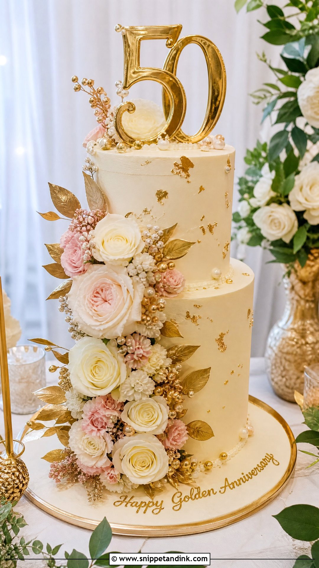 Gold Floral Anniversary Cake - Snippet and Ink - 25 Golden Wedding Anniversary Cake Ideas